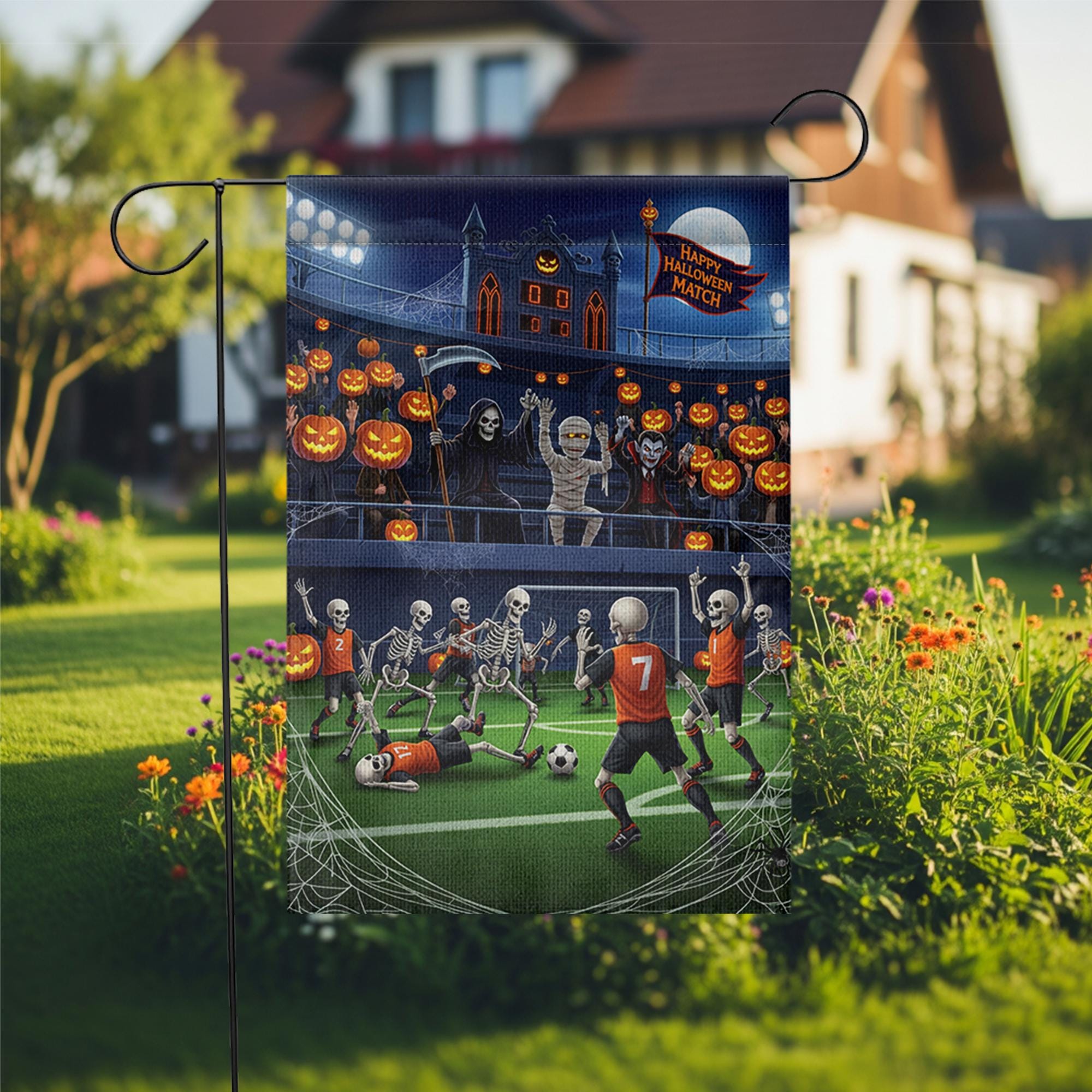 Halloween Soccer Match Garden Flag, Funny Skeleton Football Yard Decor, Spooky Fall Outdoor Decoration with Grim Reaper Vampire Mummy Fans