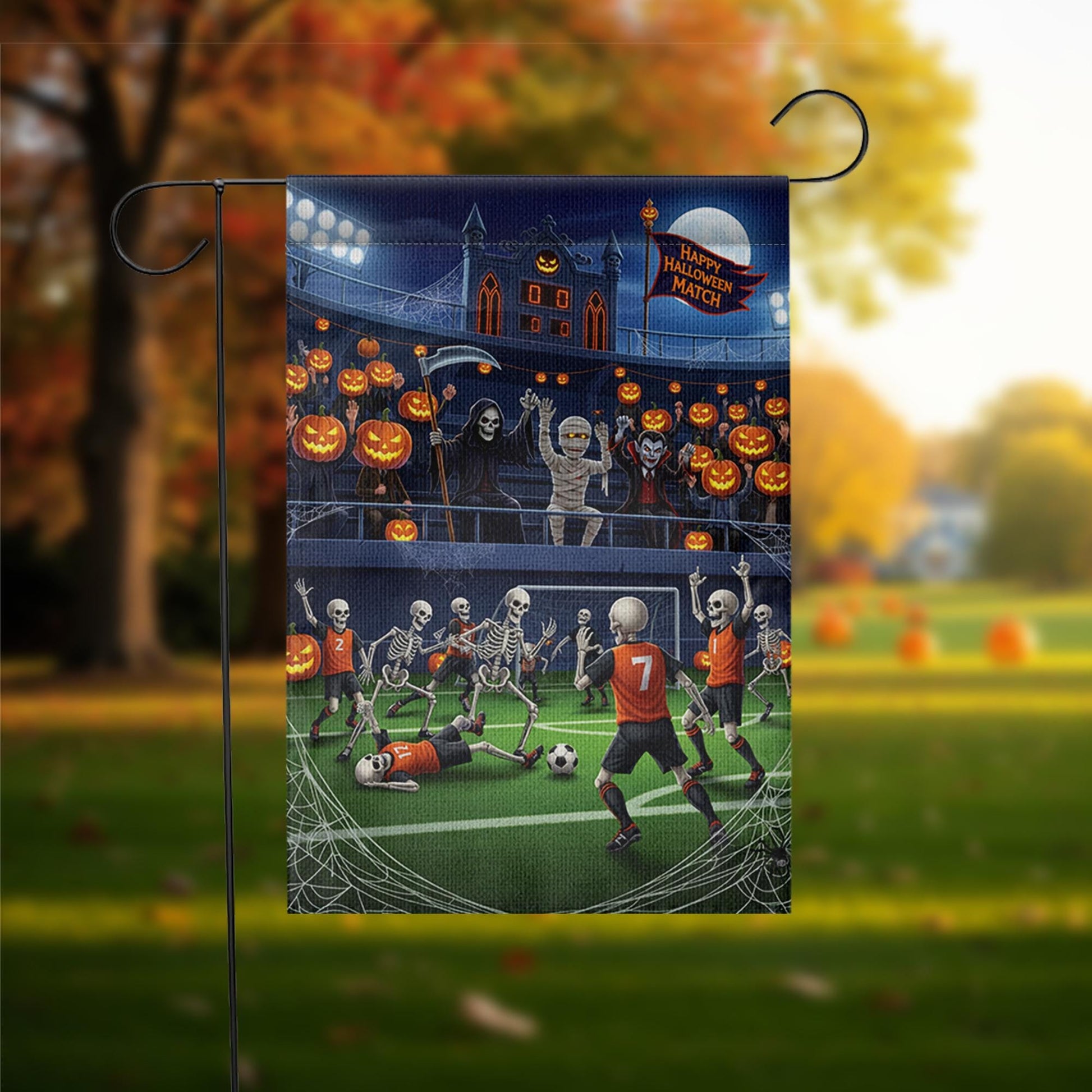 Halloween Soccer Match Garden Flag, Funny Skeleton Football Yard Decor, Spooky Fall Outdoor Decoration with Grim Reaper Vampire Mummy Fans