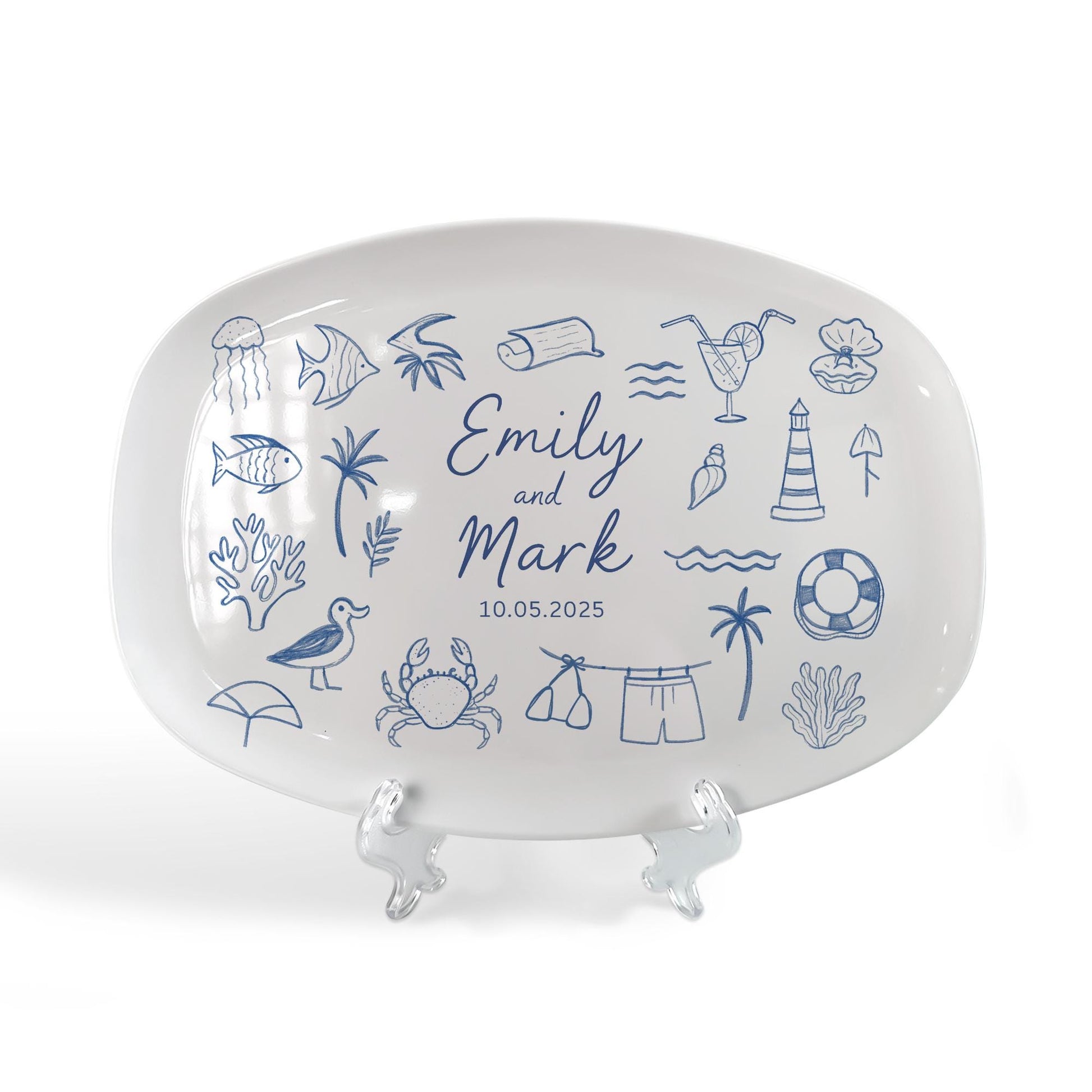 Custom Wedding Platter – Personalized Beach Doodle Plate with Names & Date – Custom Anniversary or Couple Gift – Custom Doodles Option