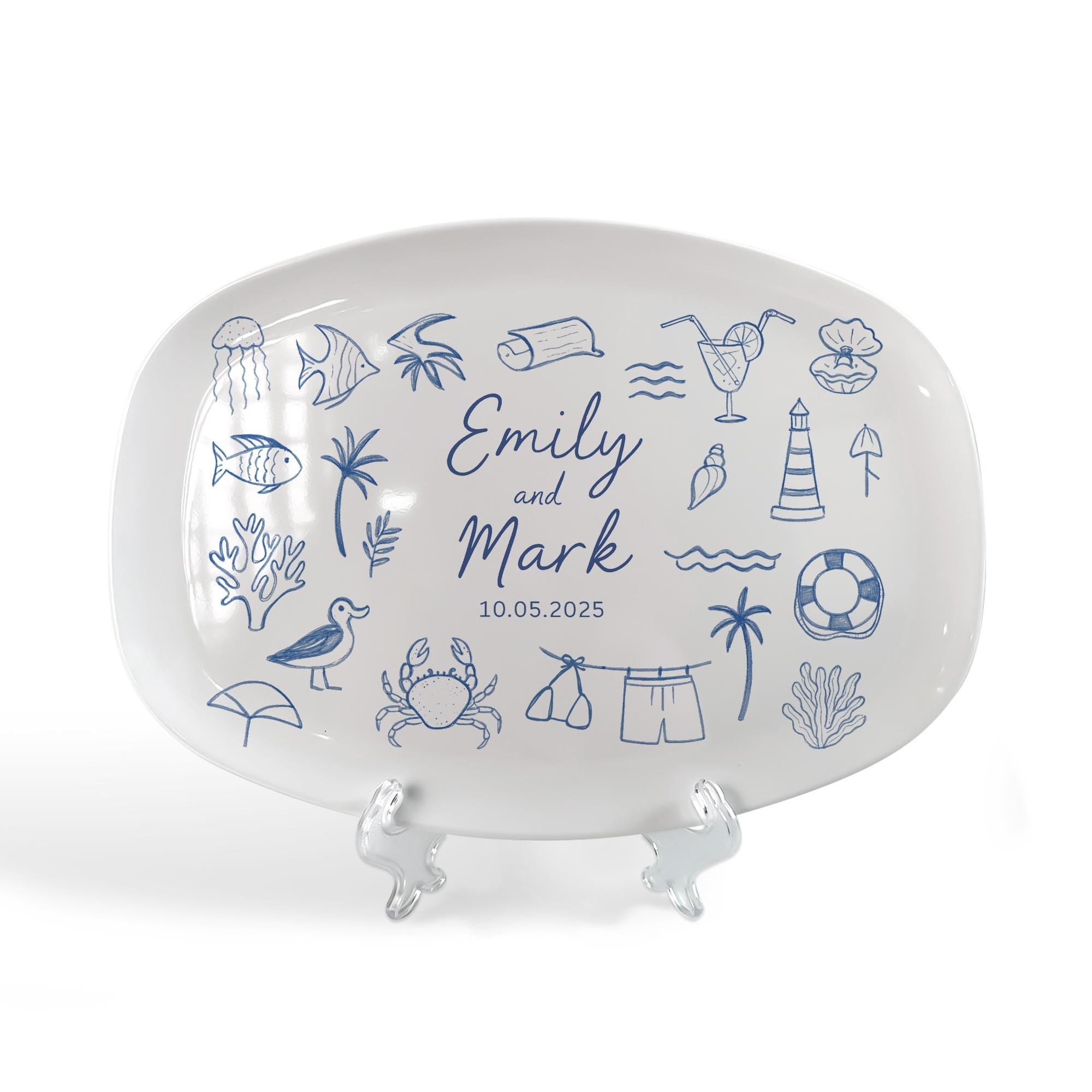 Custom Wedding Platter – Personalized Beach Doodle Plate with Names & Date – Custom Anniversary or Couple Gift – Custom Doodles Option