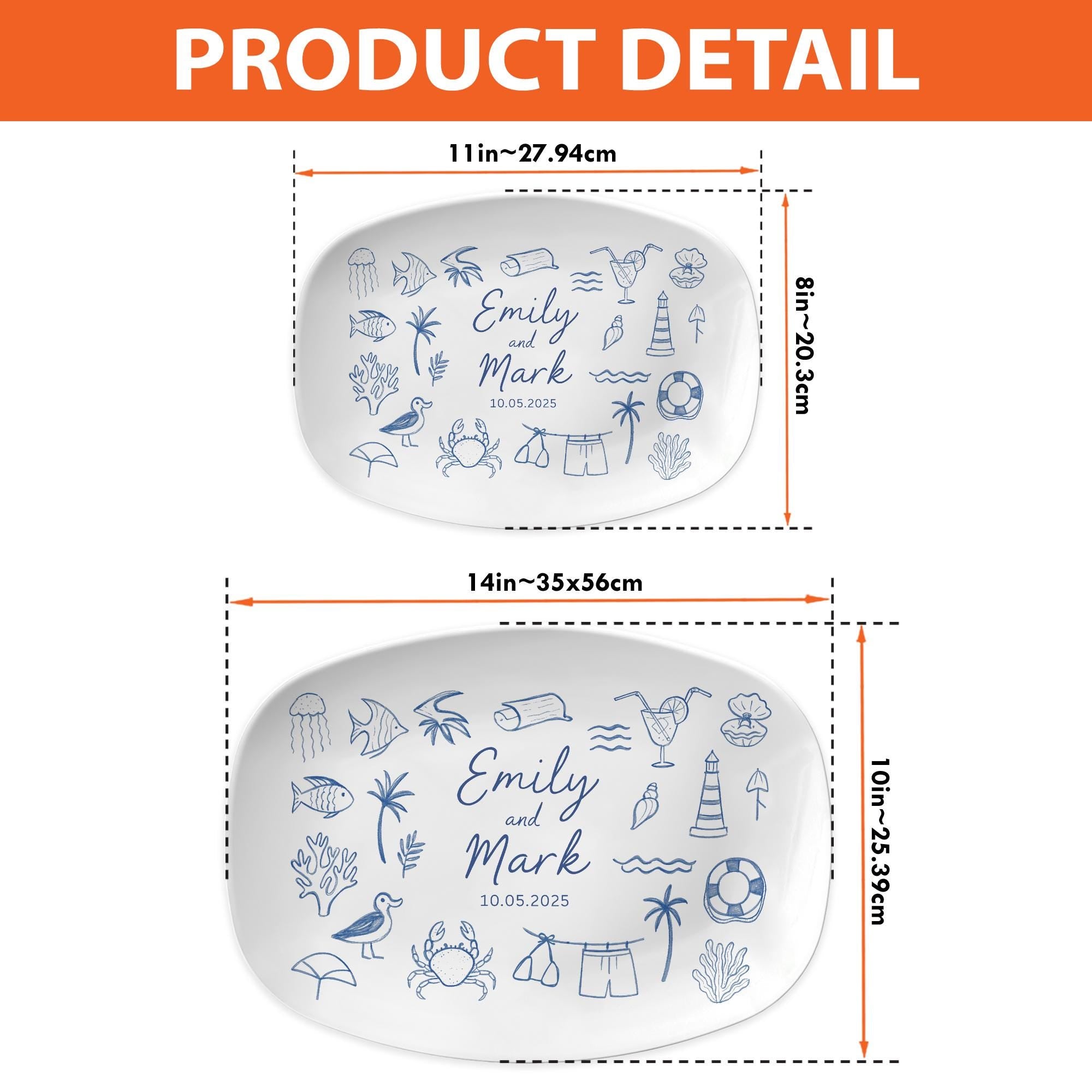 Custom Wedding Platter – Personalized Beach Doodle Plate with Names & Date – Custom Anniversary or Couple Gift – Custom Doodles Option