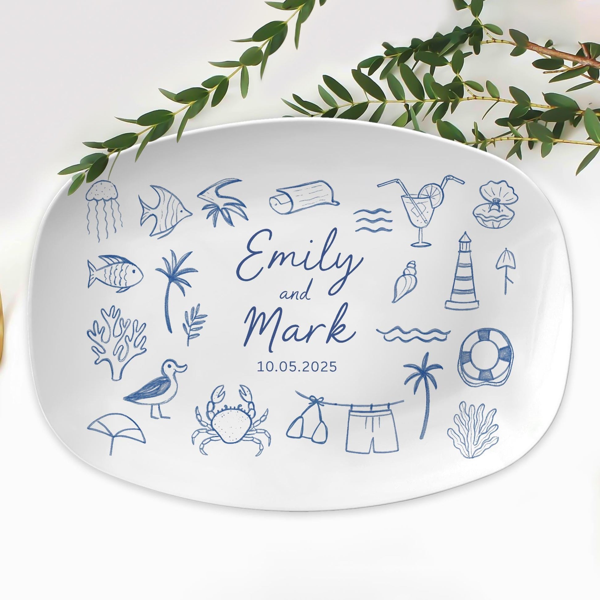 Custom Wedding Platter – Personalized Beach Doodle Plate with Names & Date – Custom Anniversary or Couple Gift – Custom Doodles Option