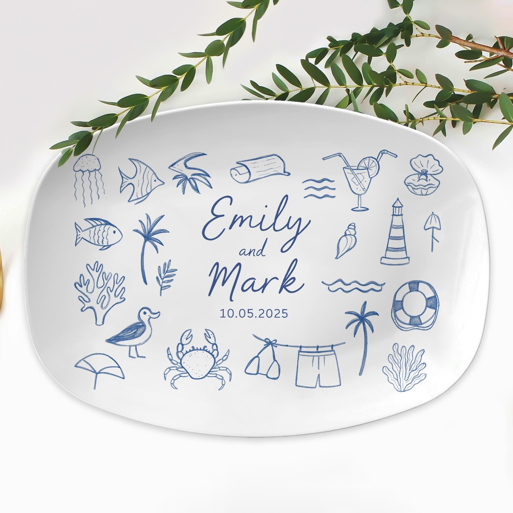Custom Wedding Platter – Personalized Beach Doodle Plate with Names & Date – Custom Anniversary or Couple Gift – Custom Doodles Option