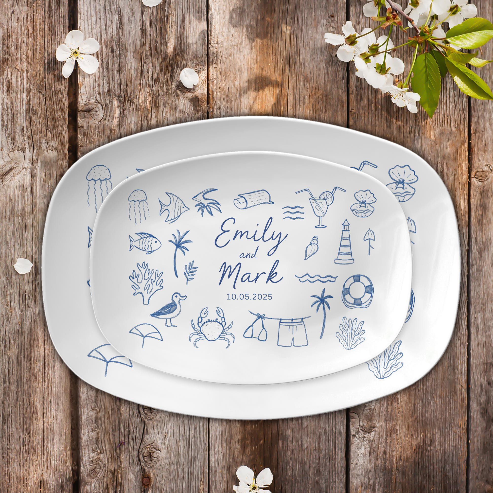 Custom Wedding Platter – Personalized Beach Doodle Plate with Names & Date – Custom Anniversary or Couple Gift – Custom Doodles Option