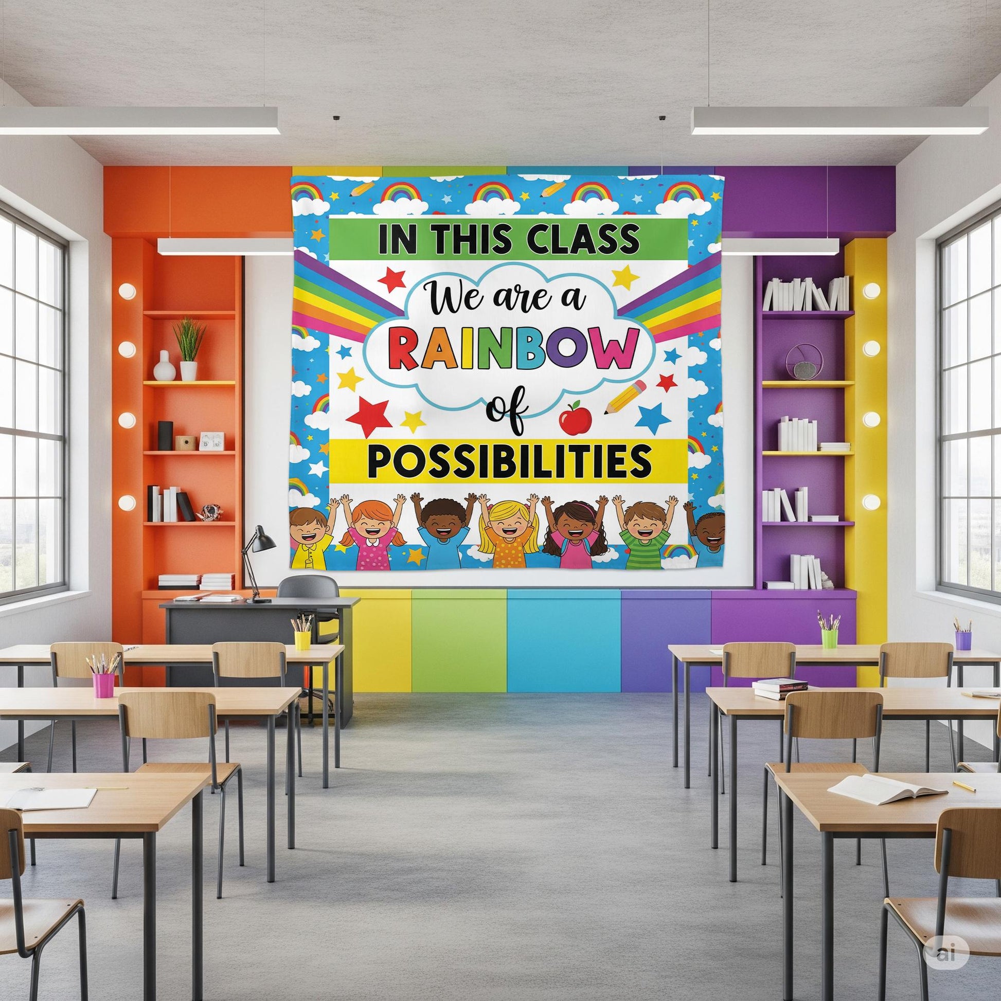 In This Class We Are a Rainbow of Possibilities Tapestry, Colorful Classroom Wall Decor, Motivational Teacher Poster for Kid, Back To School