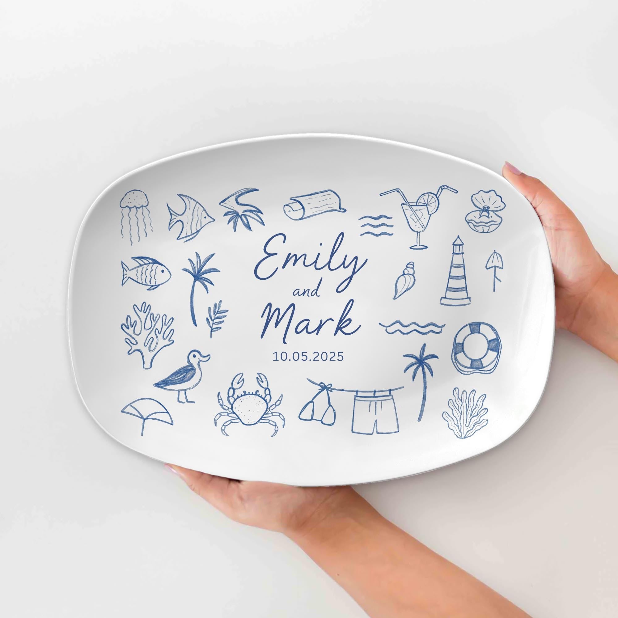 Custom Wedding Platter – Personalized Beach Doodle Plate with Names & Date – Custom Anniversary or Couple Gift – Custom Doodles Option
