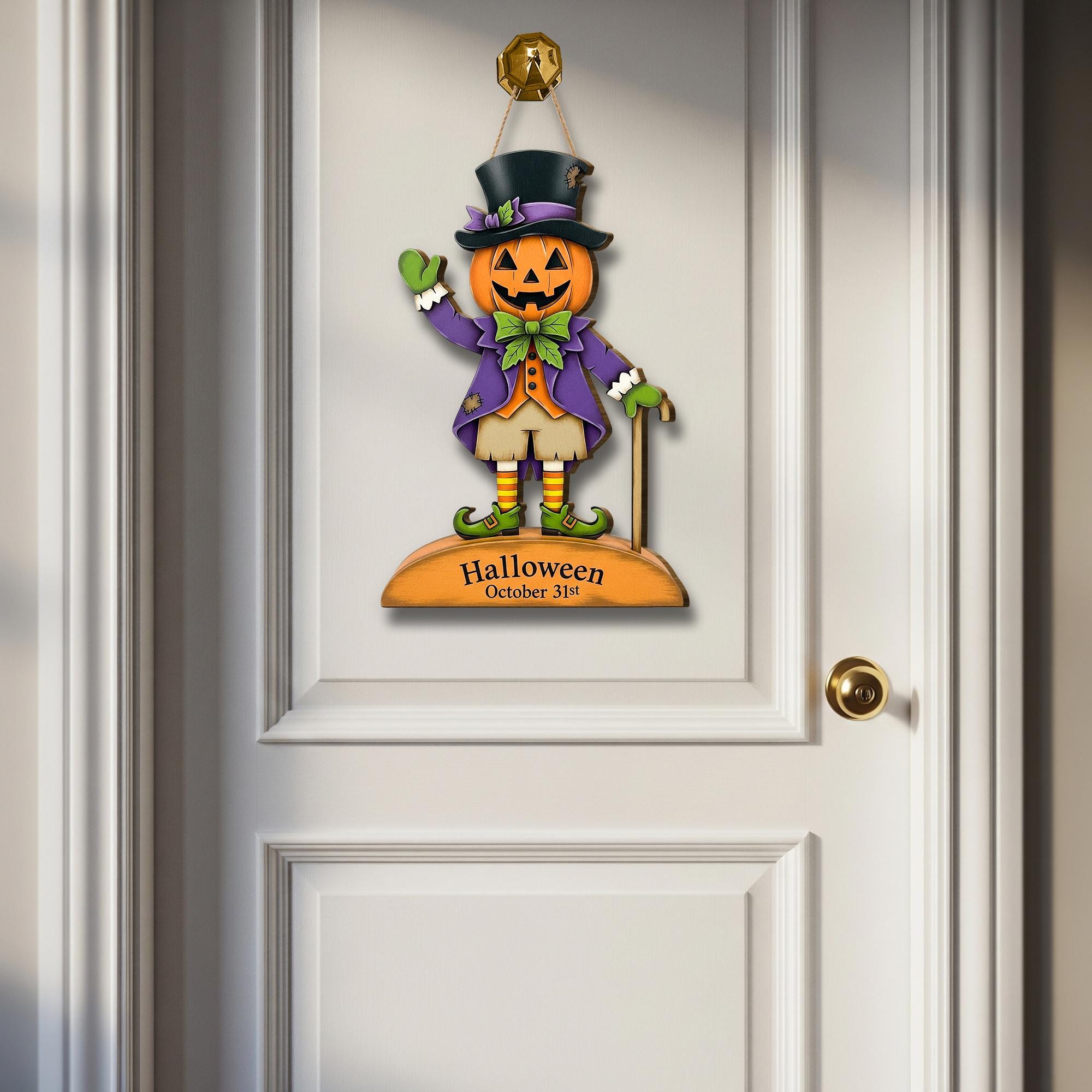 Halloween Pumpkin Man Door Hanger, Jack O Lantern Wall Sign, October 31st Porch Décor, Cute Spooky Fall Decoration, Trick or Treat Welcome