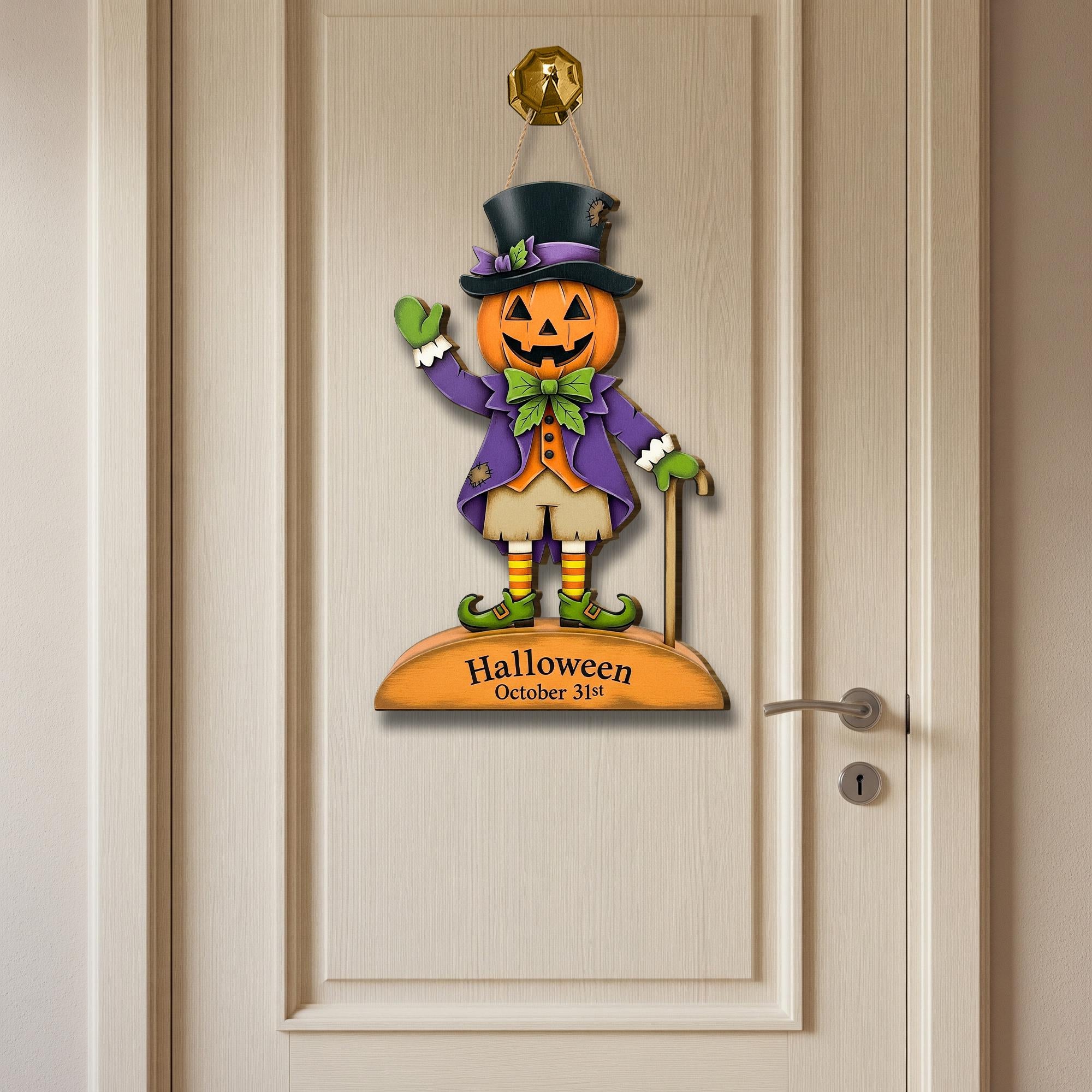 Halloween Pumpkin Man Door Hanger, Jack O Lantern Wall Sign, October 31st Porch Décor, Cute Spooky Fall Decoration, Trick or Treat Welcome