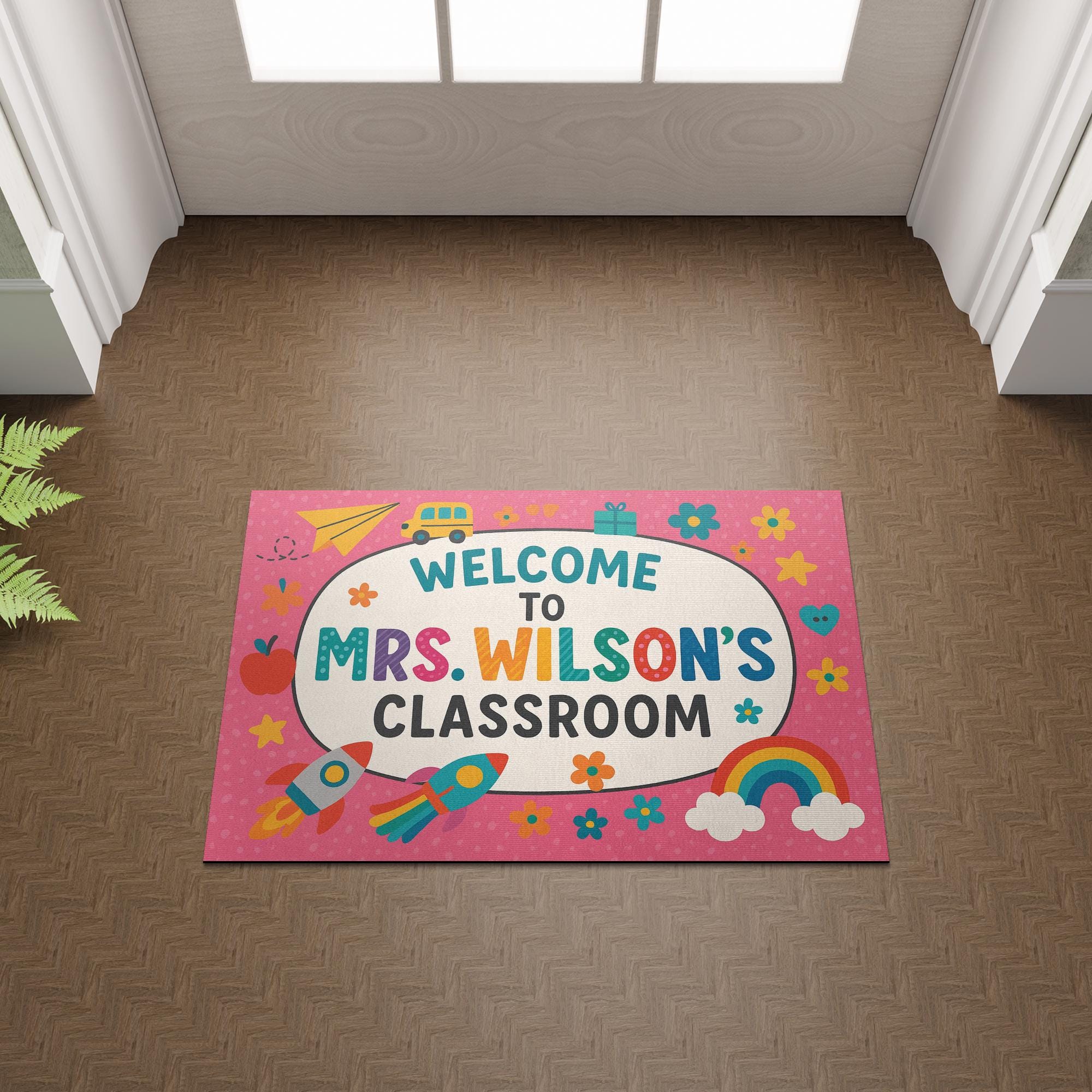 Welcome to Classroom Pink Doormat, Back to School Rug, Cute Teacher Entry Mat, Rainbow Decor, Personalized Classroom Door Mat