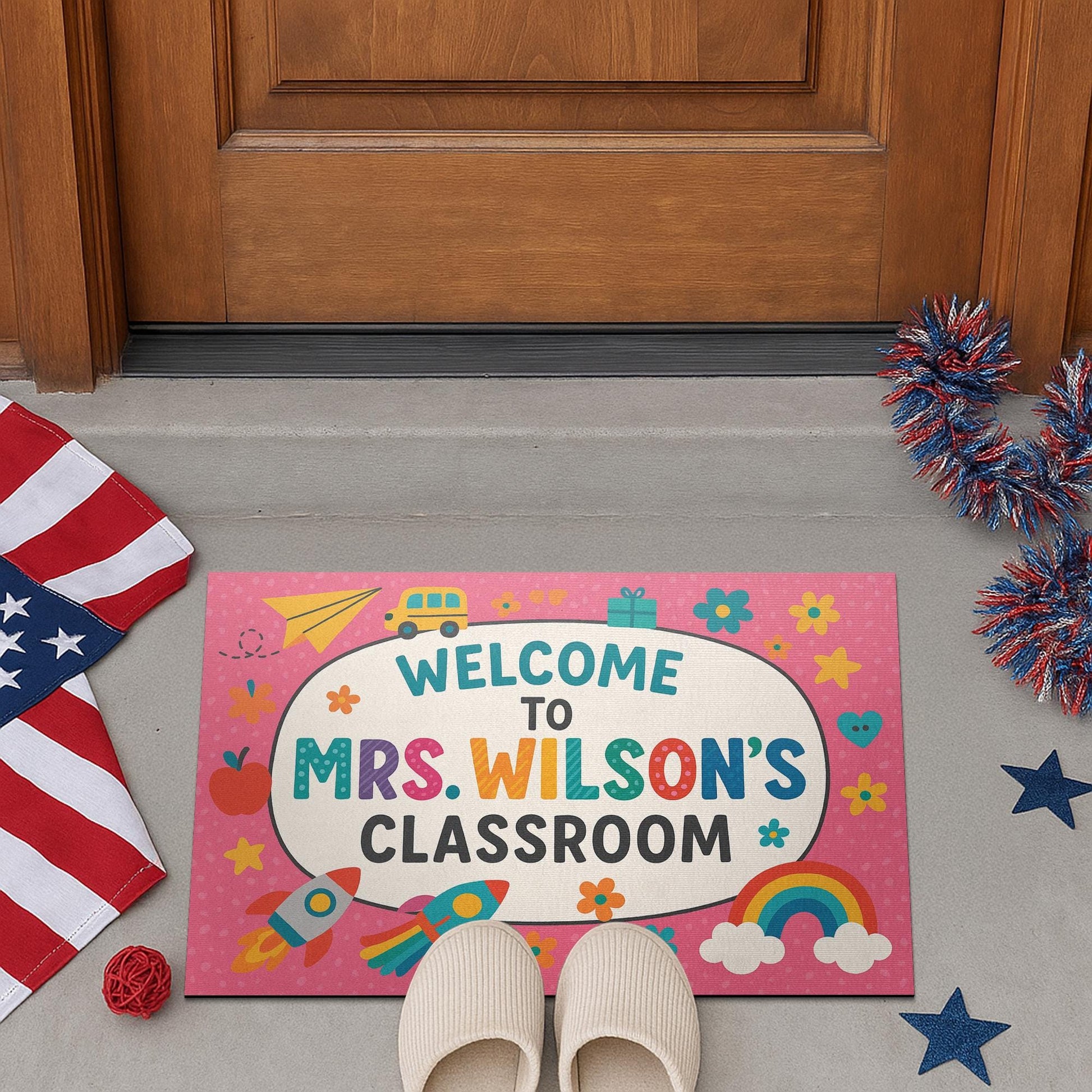 Welcome to Classroom Pink Doormat, Back to School Rug, Cute Teacher Entry Mat, Rainbow Decor, Personalized Classroom Door Mat
