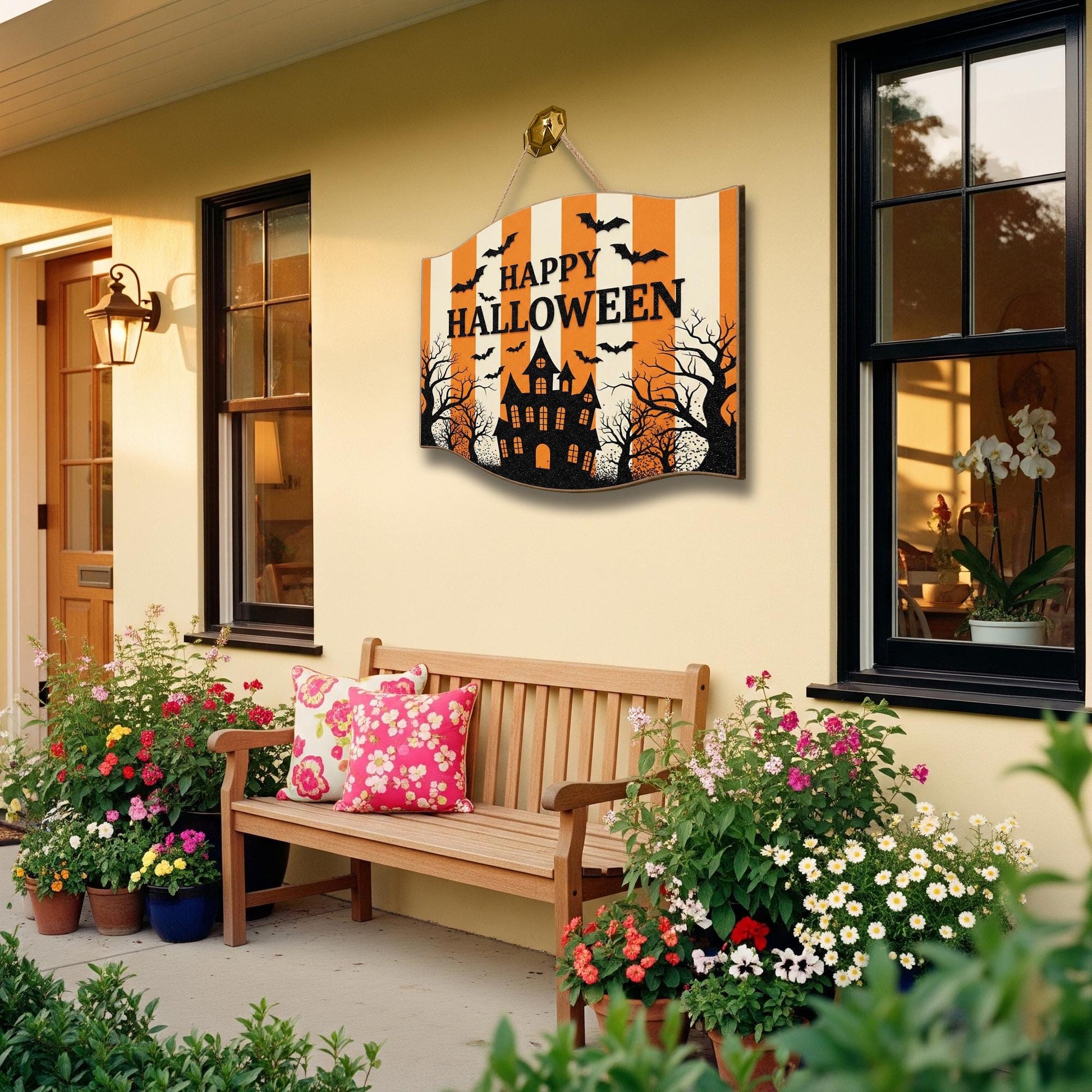 Happy Halloween Door Sign, Haunted House Wall Hanging, Orange Striped Spooky Décor, Halloween Party Porch Decoration, Bat Fall Welcome Sign