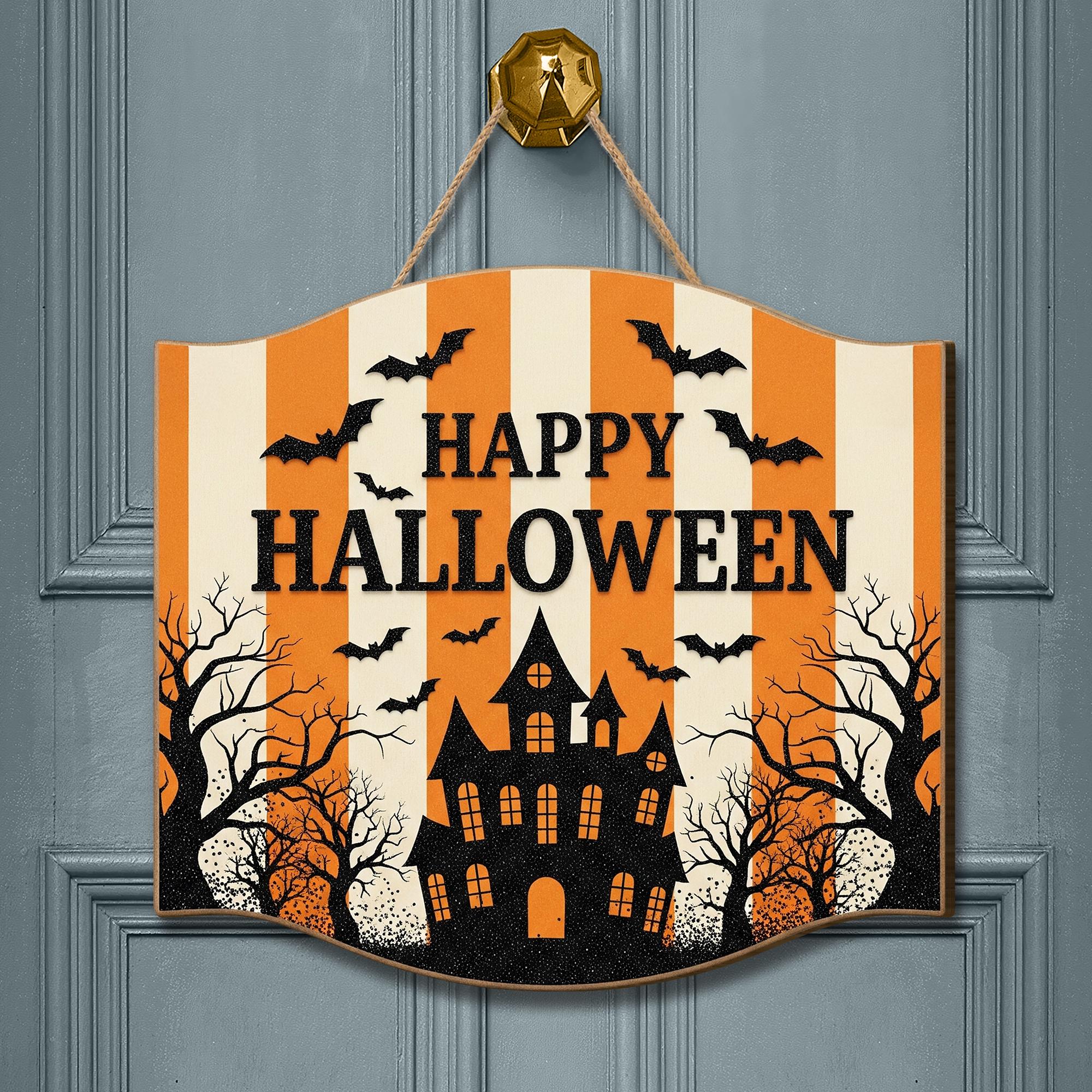 Happy Halloween Door Sign, Haunted House Wall Hanging, Orange Striped Spooky Décor, Halloween Party Porch Decoration, Bat Fall Welcome Sign