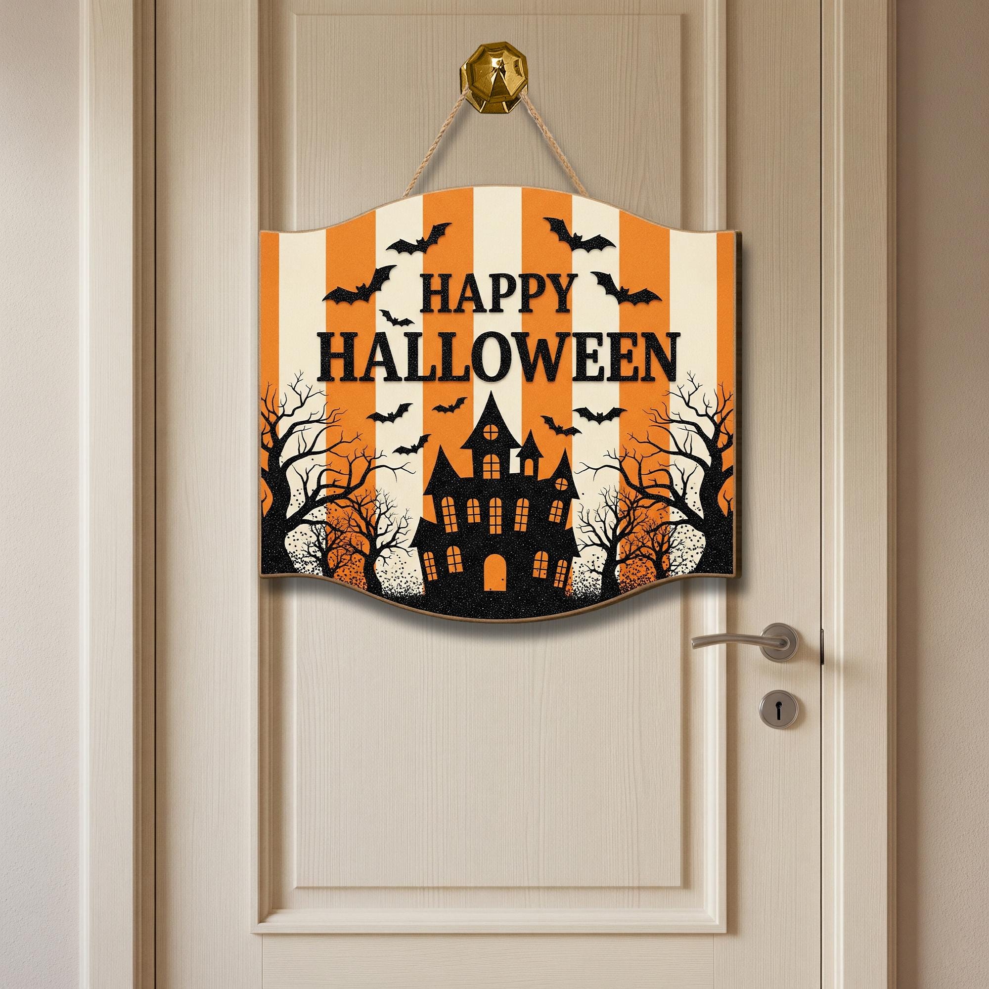 Happy Halloween Door Sign, Haunted House Wall Hanging, Orange Striped Spooky Décor, Halloween Party Porch Decoration, Bat Fall Welcome Sign