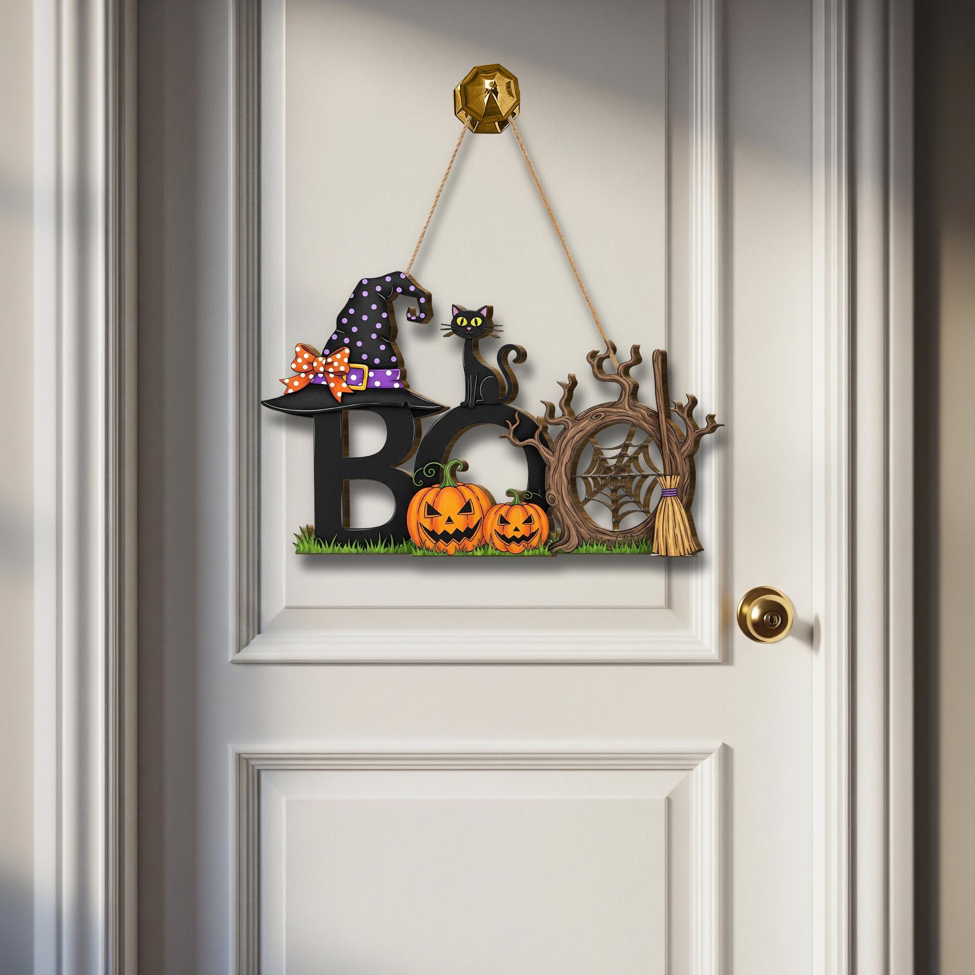 Boo Halloween Door Sign, Witch Hat Cat Pumpkin Décor, Spooky Wall Hanging, Cute Fall Porch Decoration, Trick or Treat Welcome Plaque