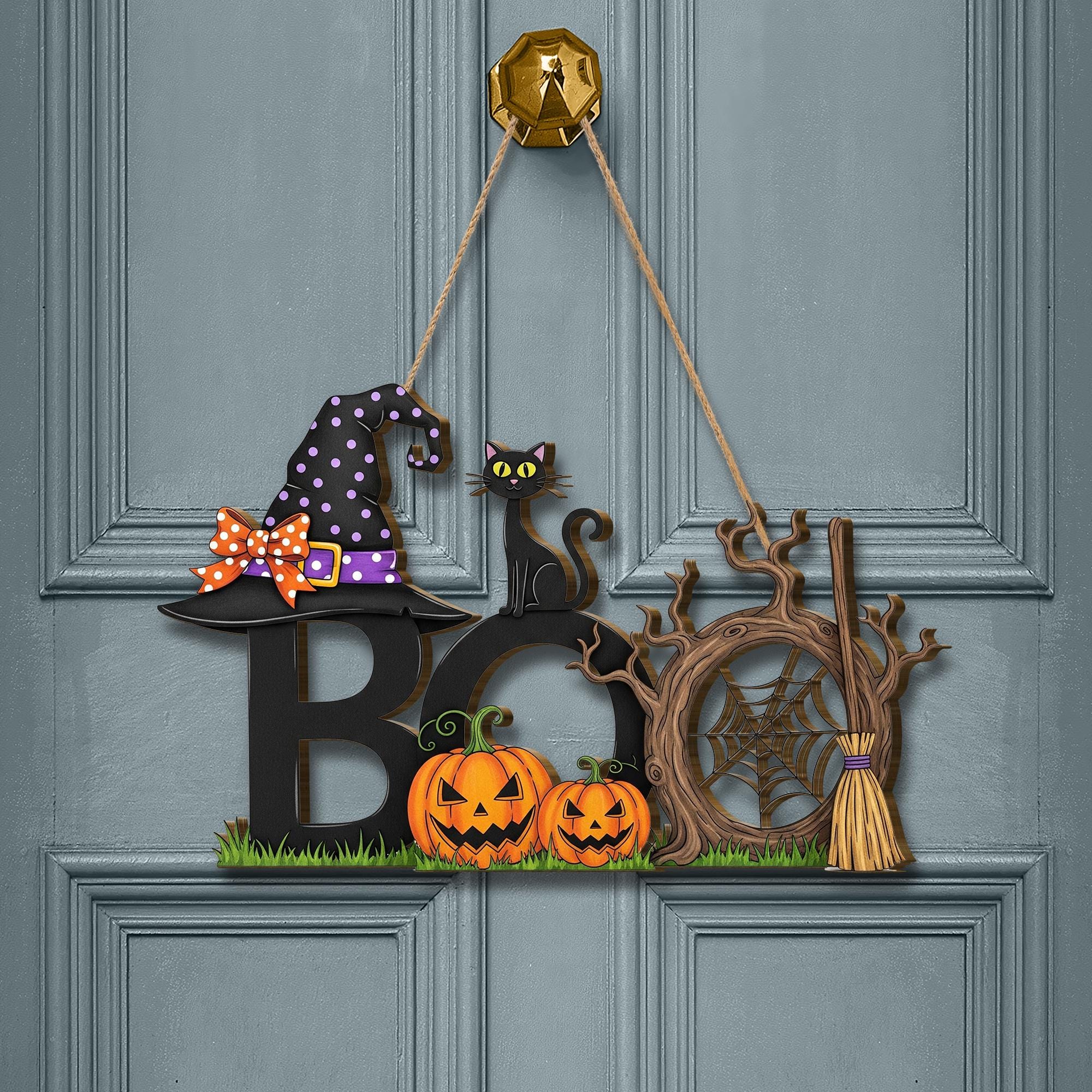 Boo Halloween Door Sign, Witch Hat Cat Pumpkin Décor, Spooky Wall Hanging, Cute Fall Porch Decoration, Trick or Treat Welcome Plaque
