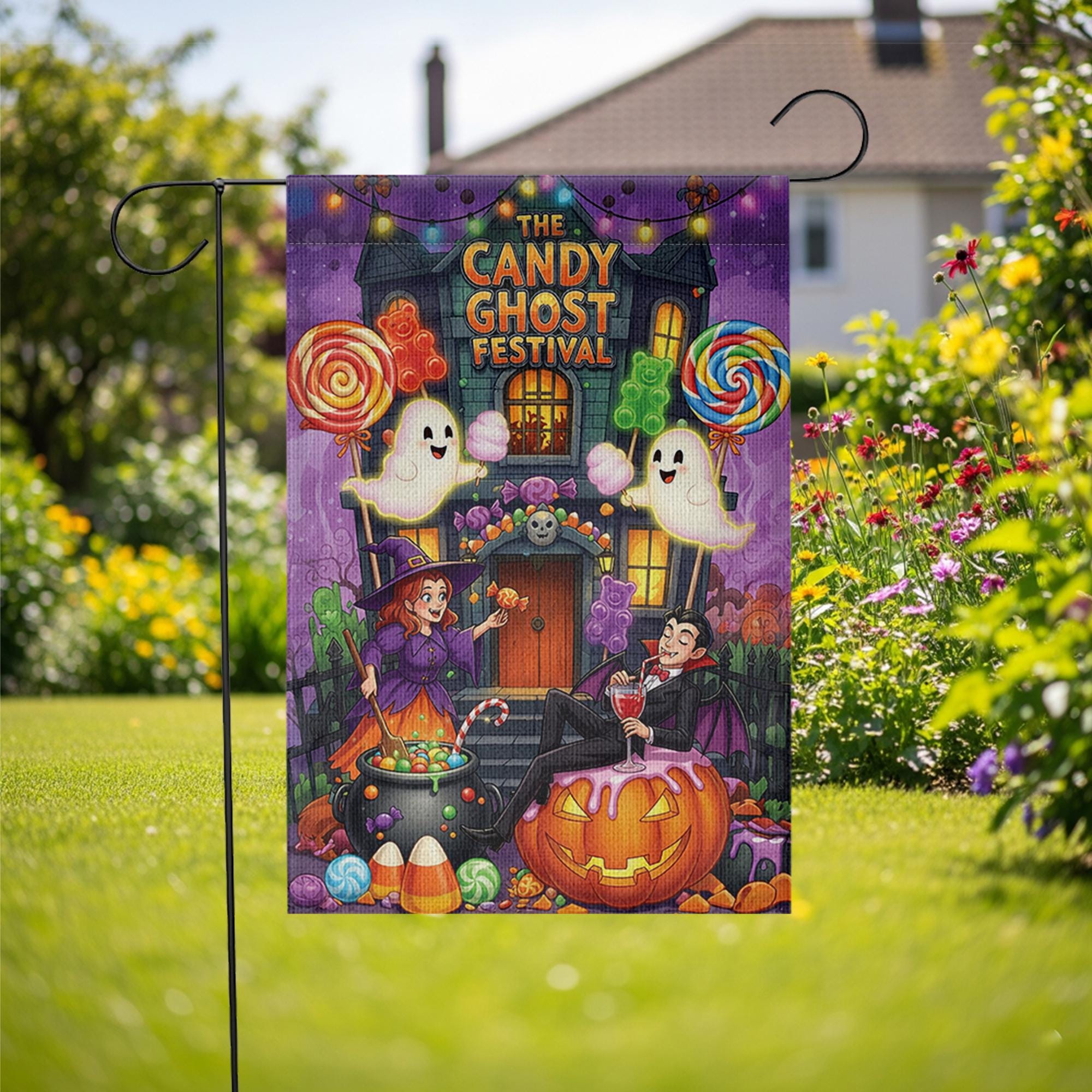 Candy Ghost Festival Garden Flag | Halloween Outdoor Decor | Spooky Yard Art | Trick or Treat Decoration
