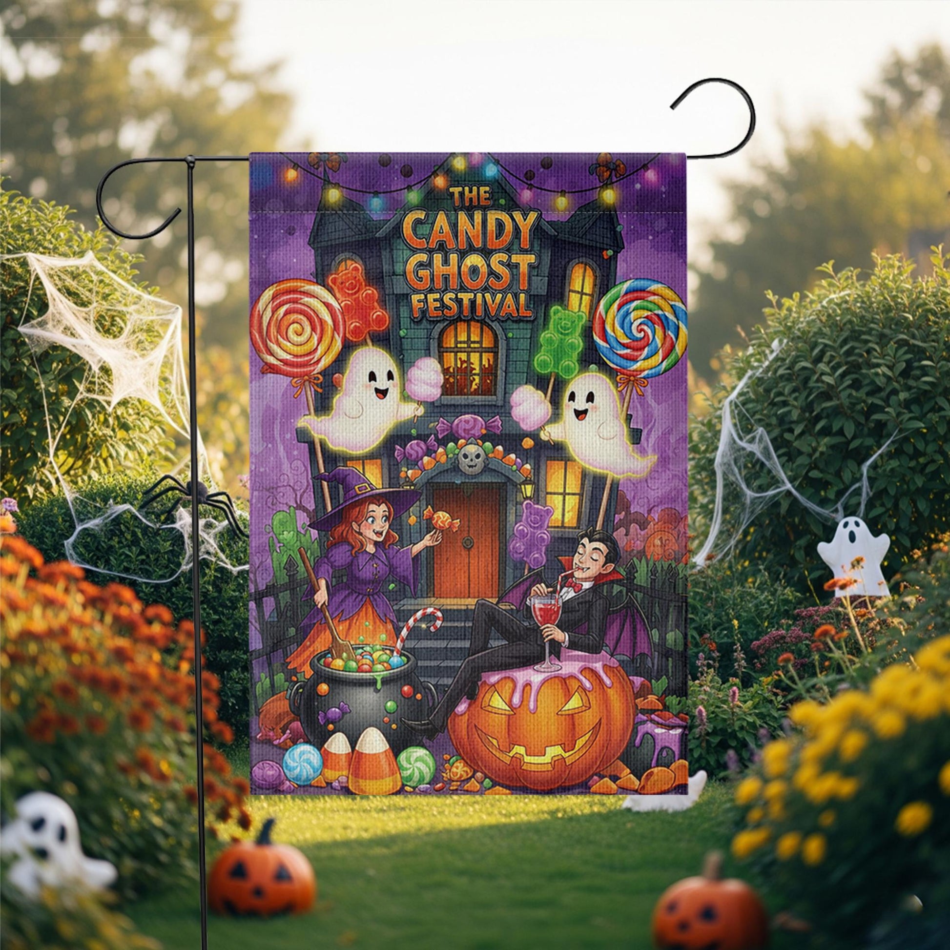 Candy Ghost Festival Garden Flag | Halloween Outdoor Decor | Spooky Yard Art | Trick or Treat Decoration