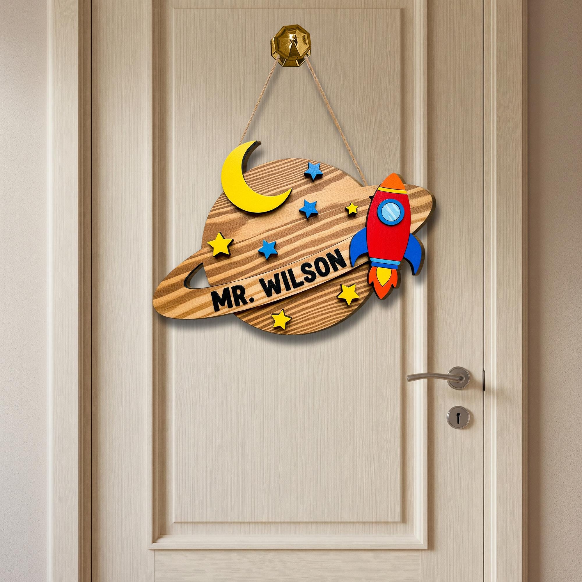 Personalized Space Theme Teacher Door Sign - Rocket & Planet Classroom Decor, Custom Name Wooden Hanger for Kids or School, Teacher Wall Art
