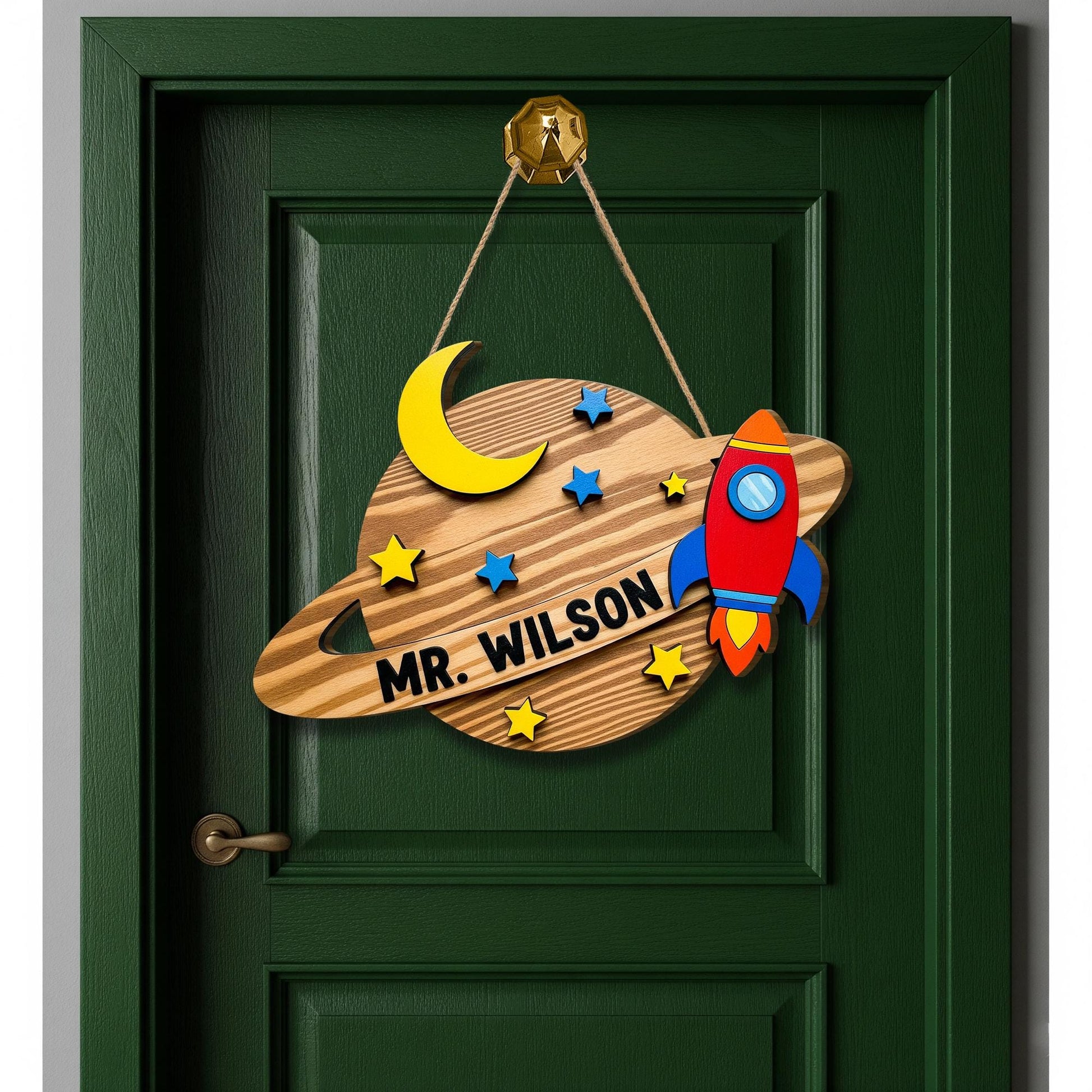 Personalized Space Theme Teacher Door Sign - Rocket & Planet Classroom Decor, Custom Name Wooden Hanger for Kids or School, Teacher Wall Art