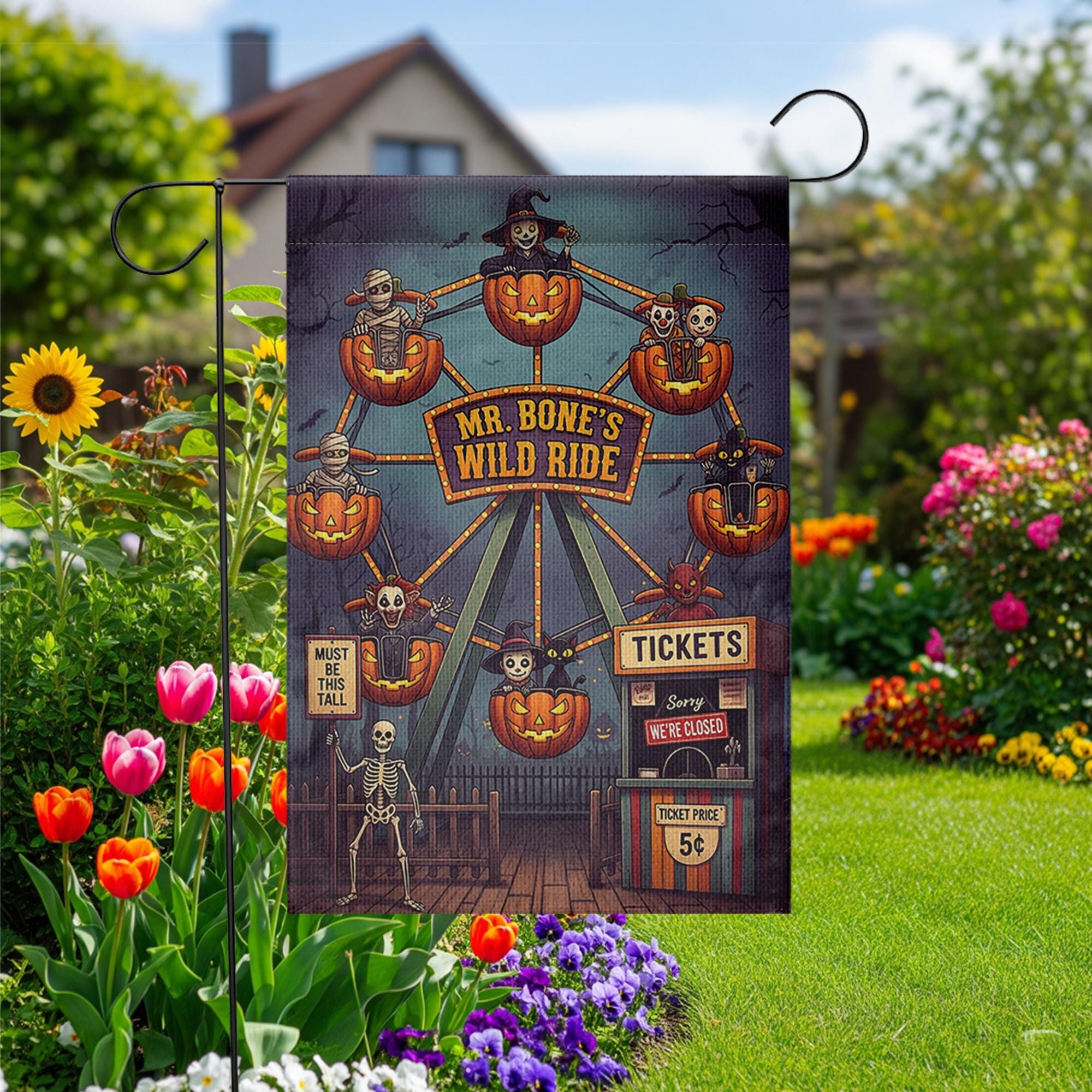 Mr. Bone's Wild Ride Halloween Garden Flag | Spooky Carnival Yard Decor | Unique Fall Outdoor Decoration