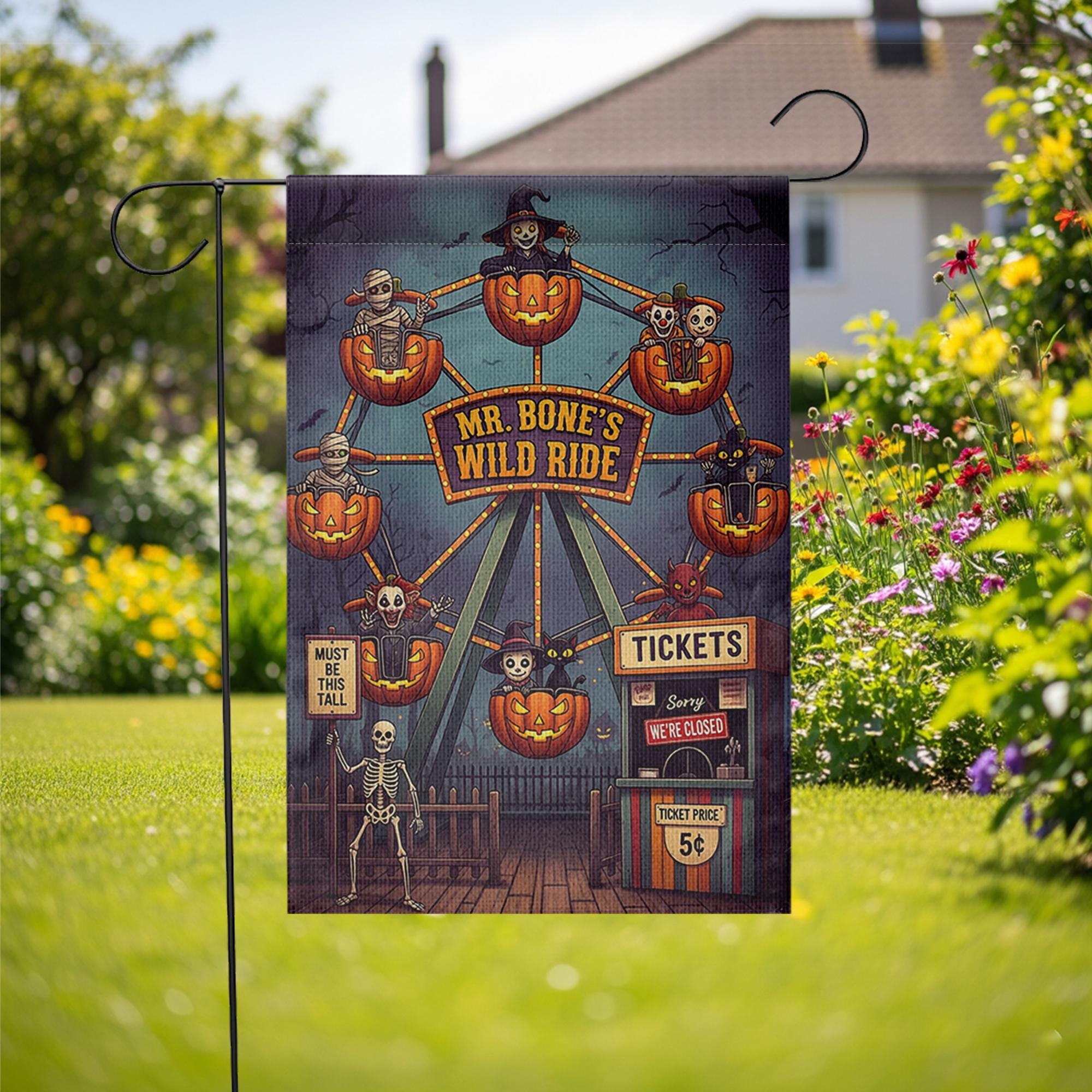 Mr. Bone's Wild Ride Halloween Garden Flag | Spooky Carnival Yard Decor | Unique Fall Outdoor Decoration
