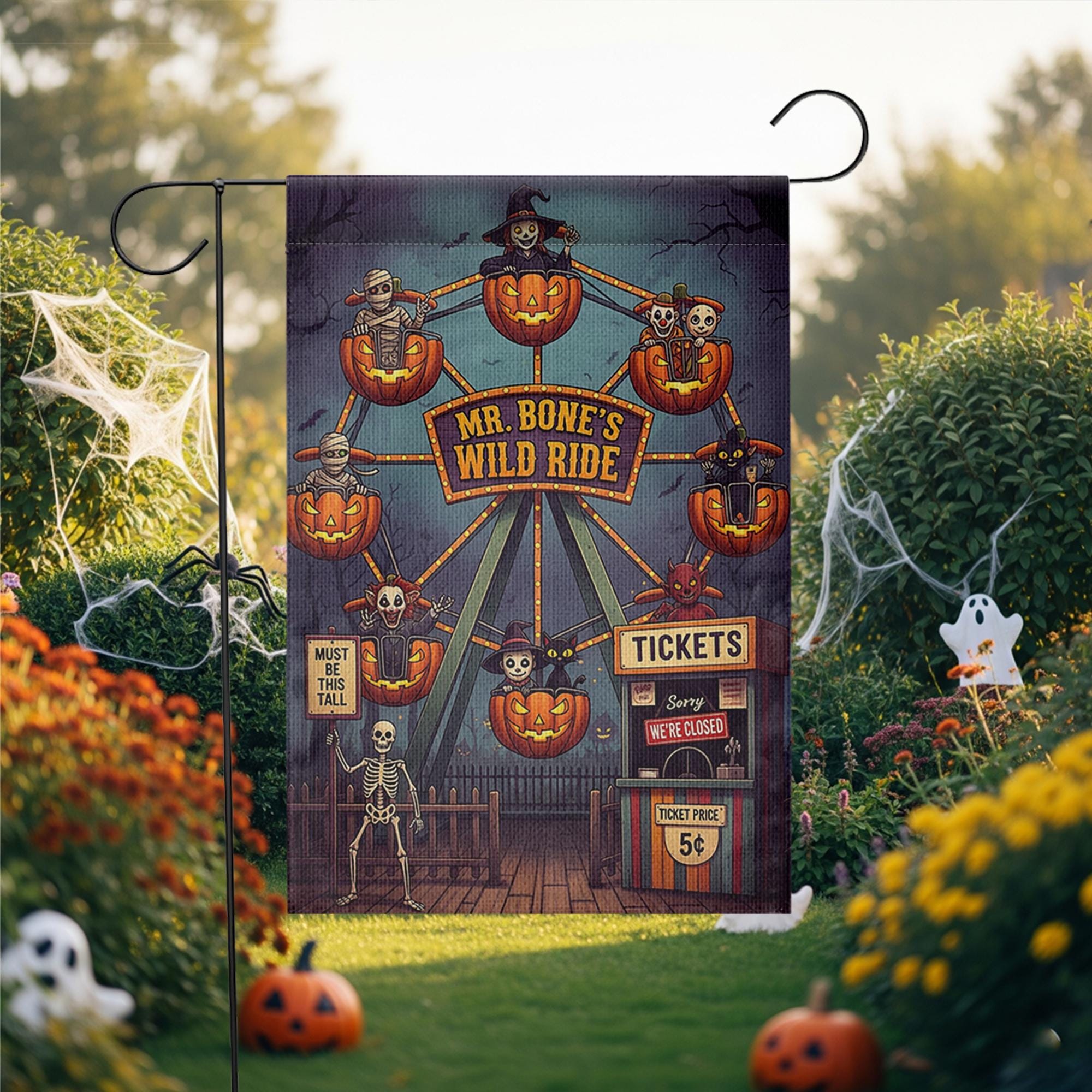 Mr. Bone's Wild Ride Halloween Garden Flag | Spooky Carnival Yard Decor | Unique Fall Outdoor Decoration