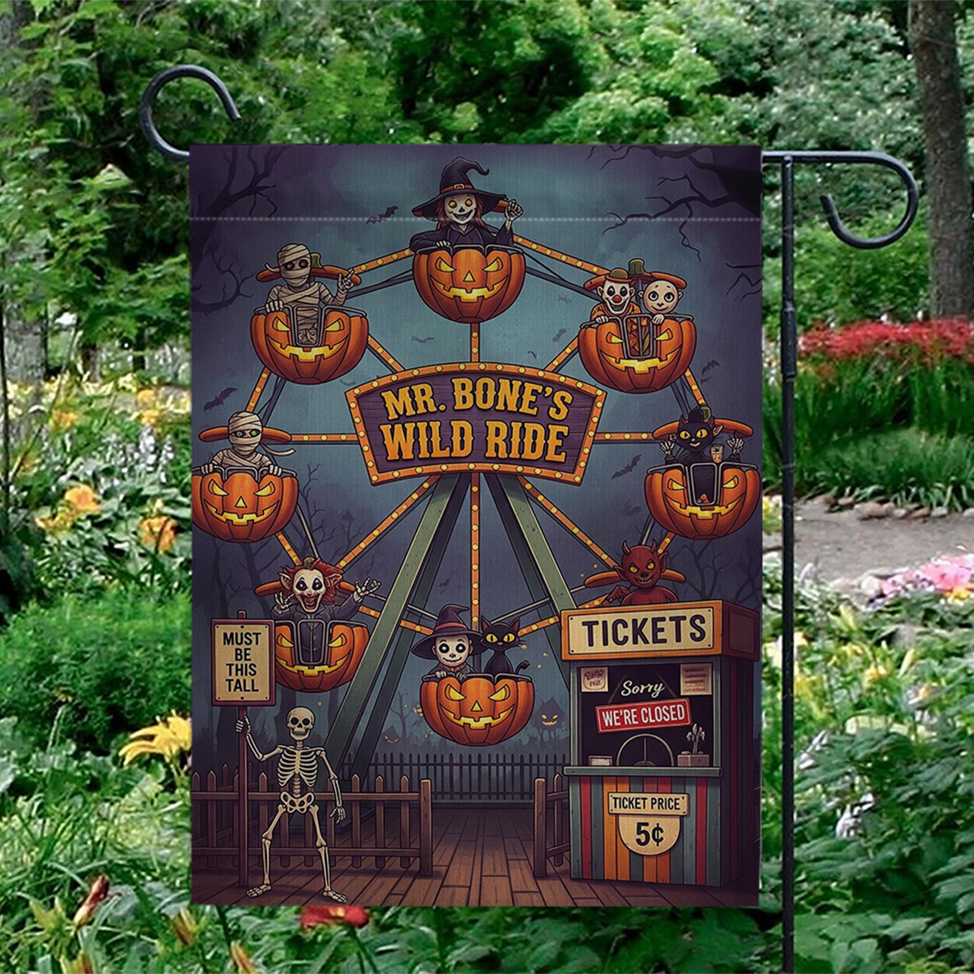 Mr. Bone's Wild Ride Halloween Garden Flag | Spooky Carnival Yard Decor | Unique Fall Outdoor Decoration