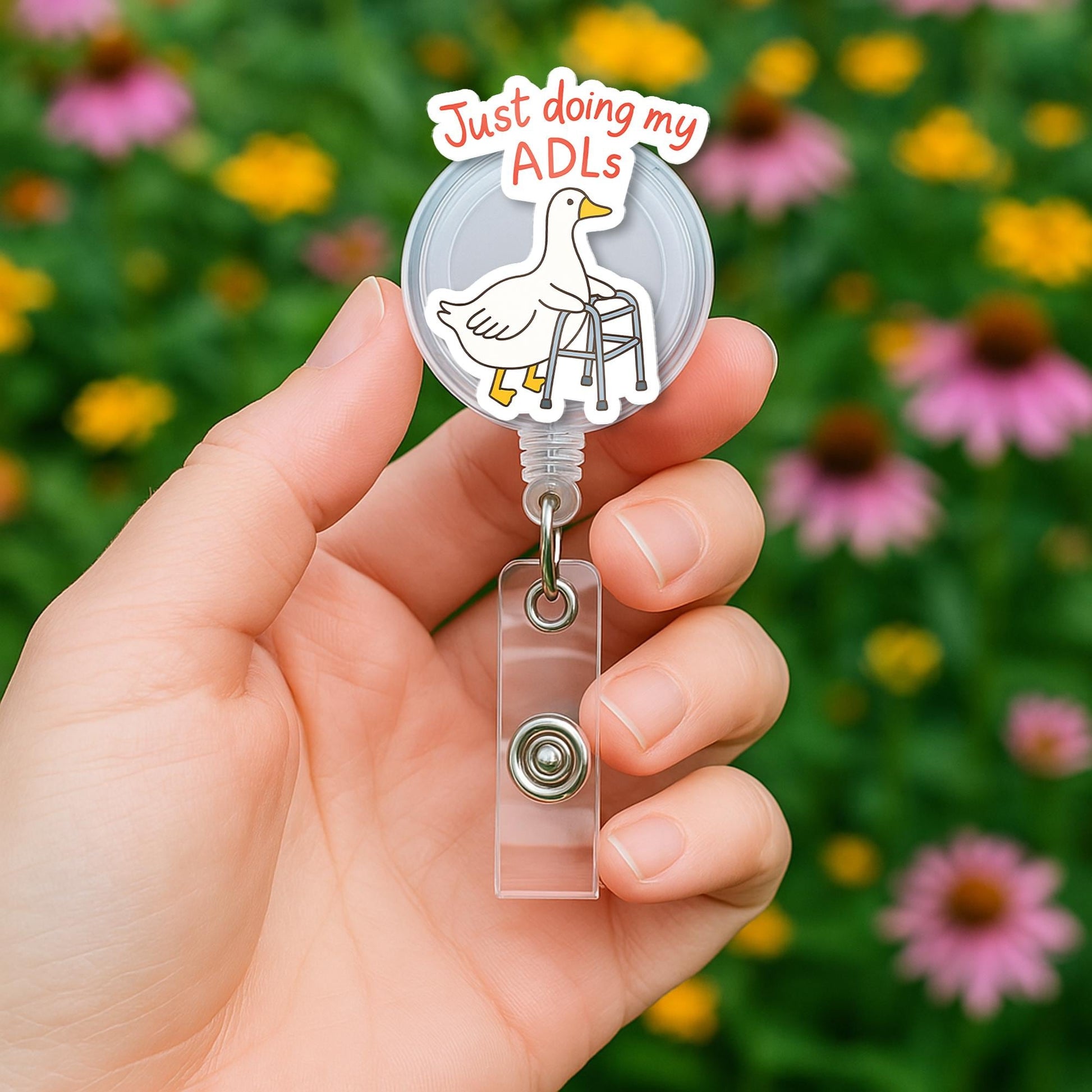 Funny OT Badge Reel – “Just Doing My ADLs” Goose with Walker – Silly Occupational Therapy Gift for COTAs, OTs, or Rehab Teams