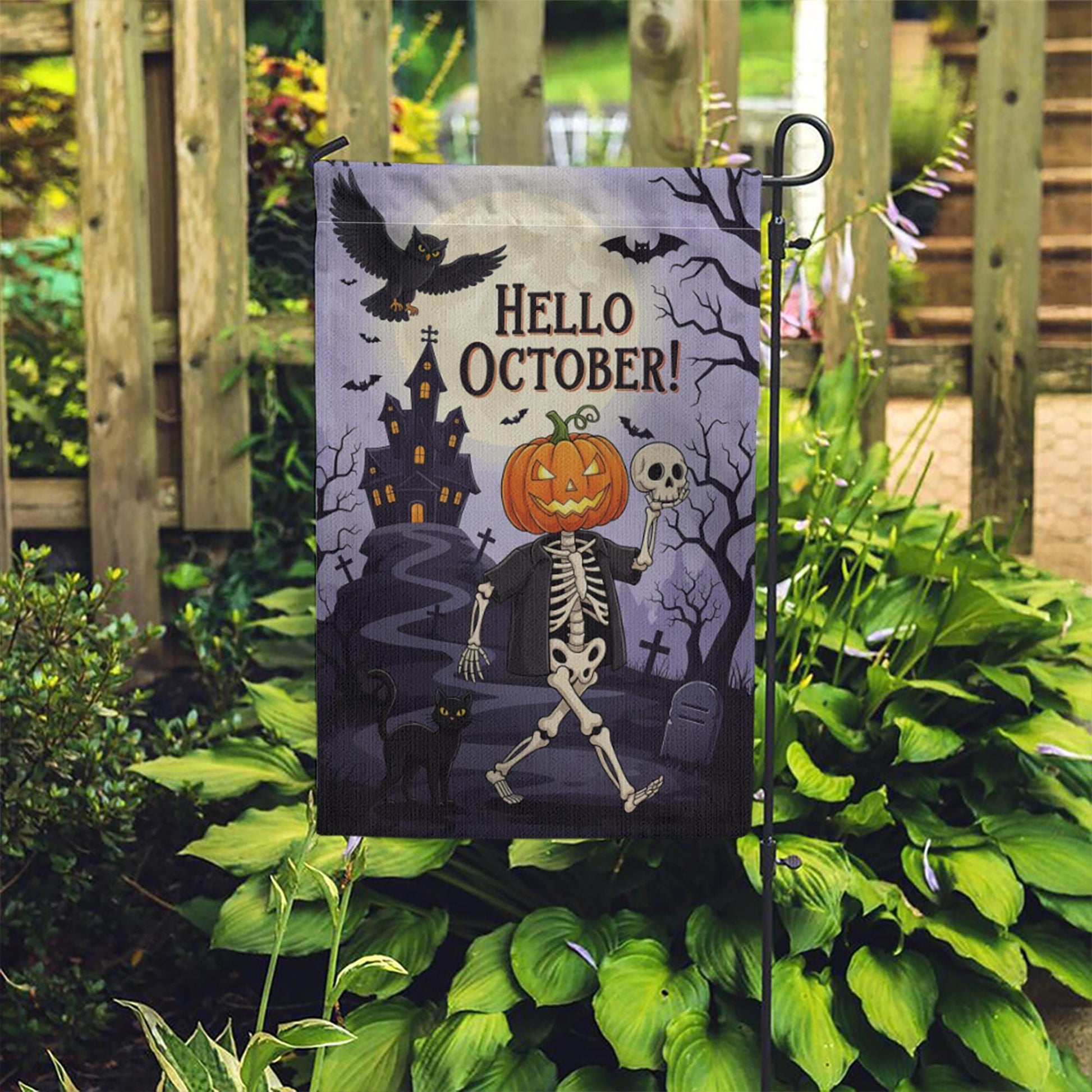Hello October Garden Flag | Halloween Skeleton & Pumpkin Yard Decor | Spooky Fall Outdoor Sign
