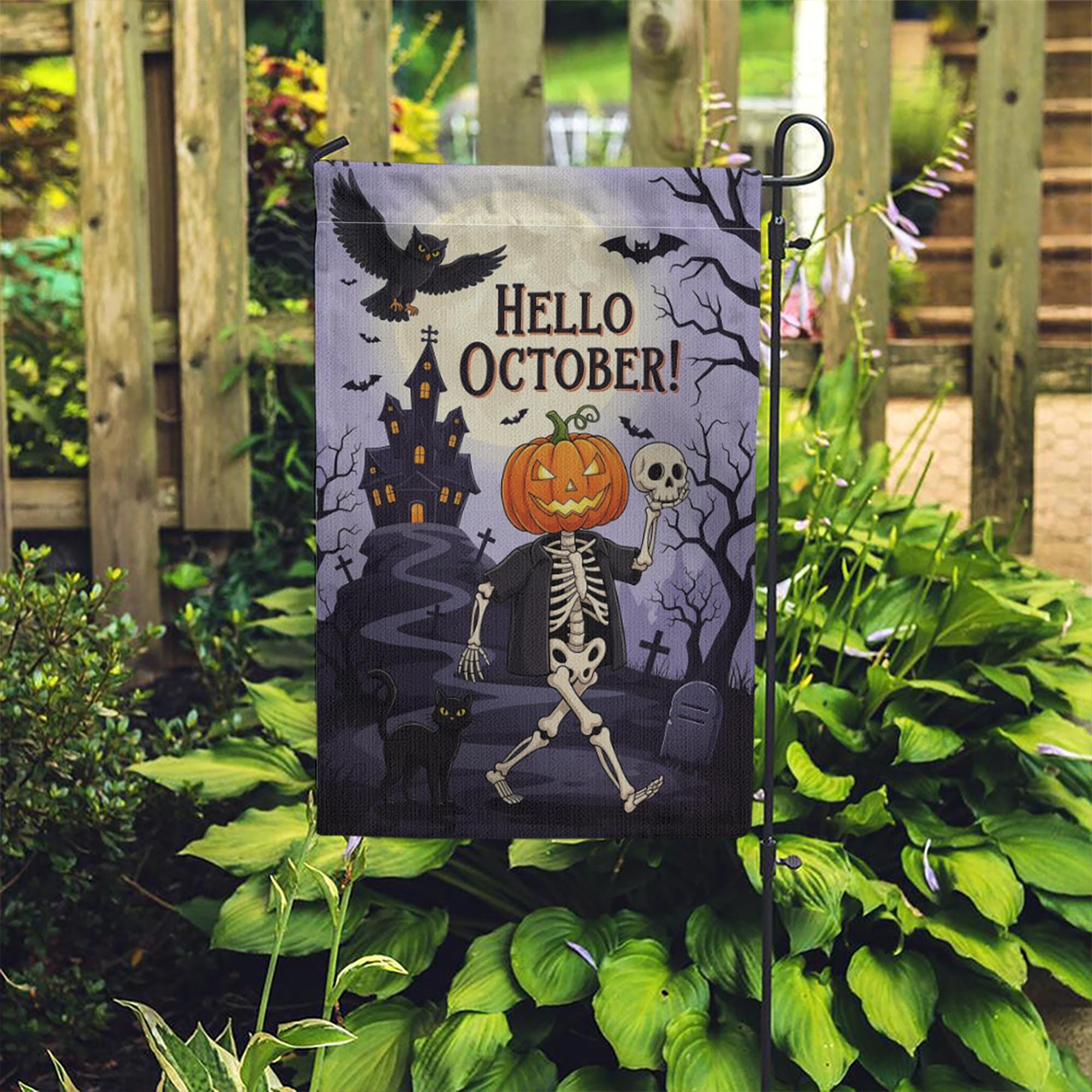 Hello October Garden Flag | Halloween Skeleton & Pumpkin Yard Decor | Spooky Fall Outdoor Sign