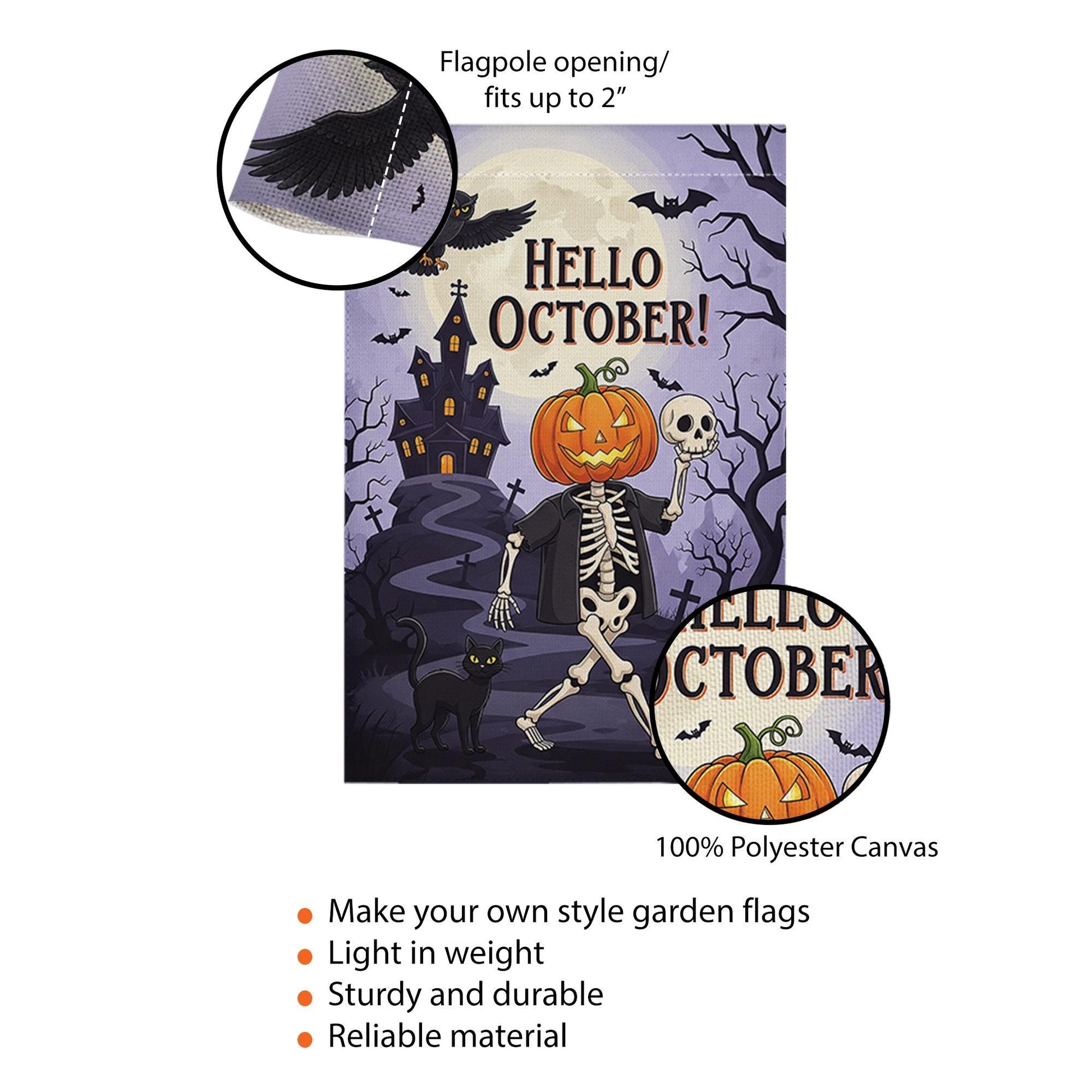 Hello October Garden Flag | Halloween Skeleton & Pumpkin Yard Decor | Spooky Fall Outdoor Sign