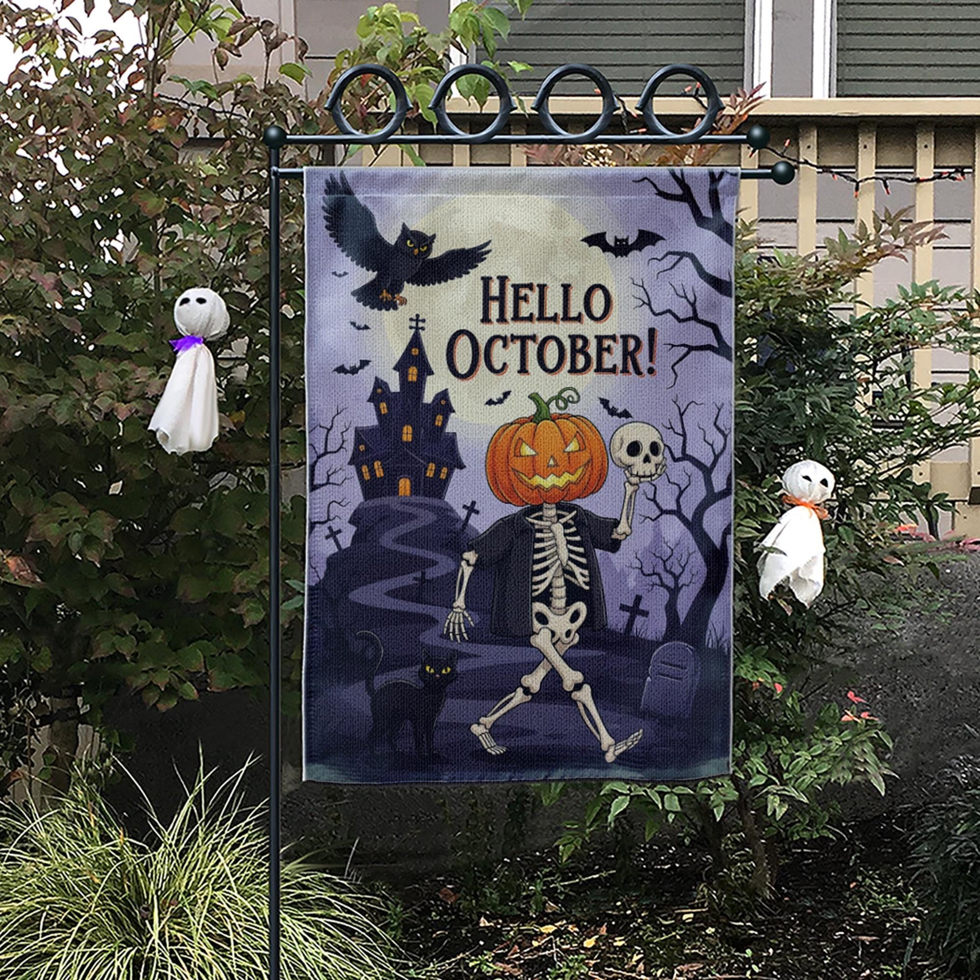 Hello October Garden Flag | Halloween Skeleton & Pumpkin Yard Decor | Spooky Fall Outdoor Sign