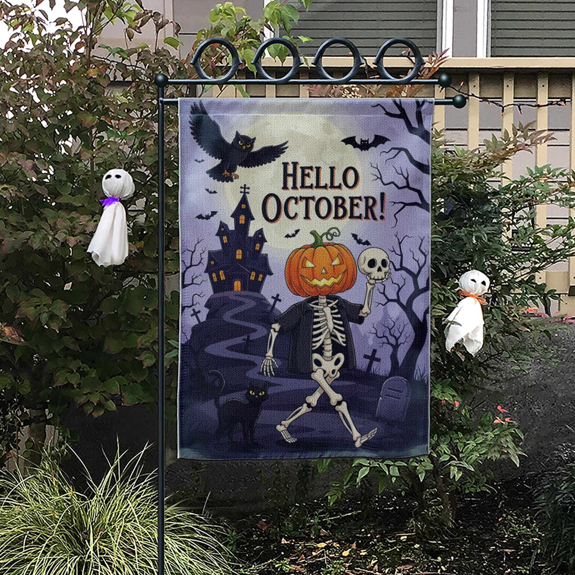 Hello October Garden Flag | Halloween Skeleton & Pumpkin Yard Decor | Spooky Fall Outdoor Sign