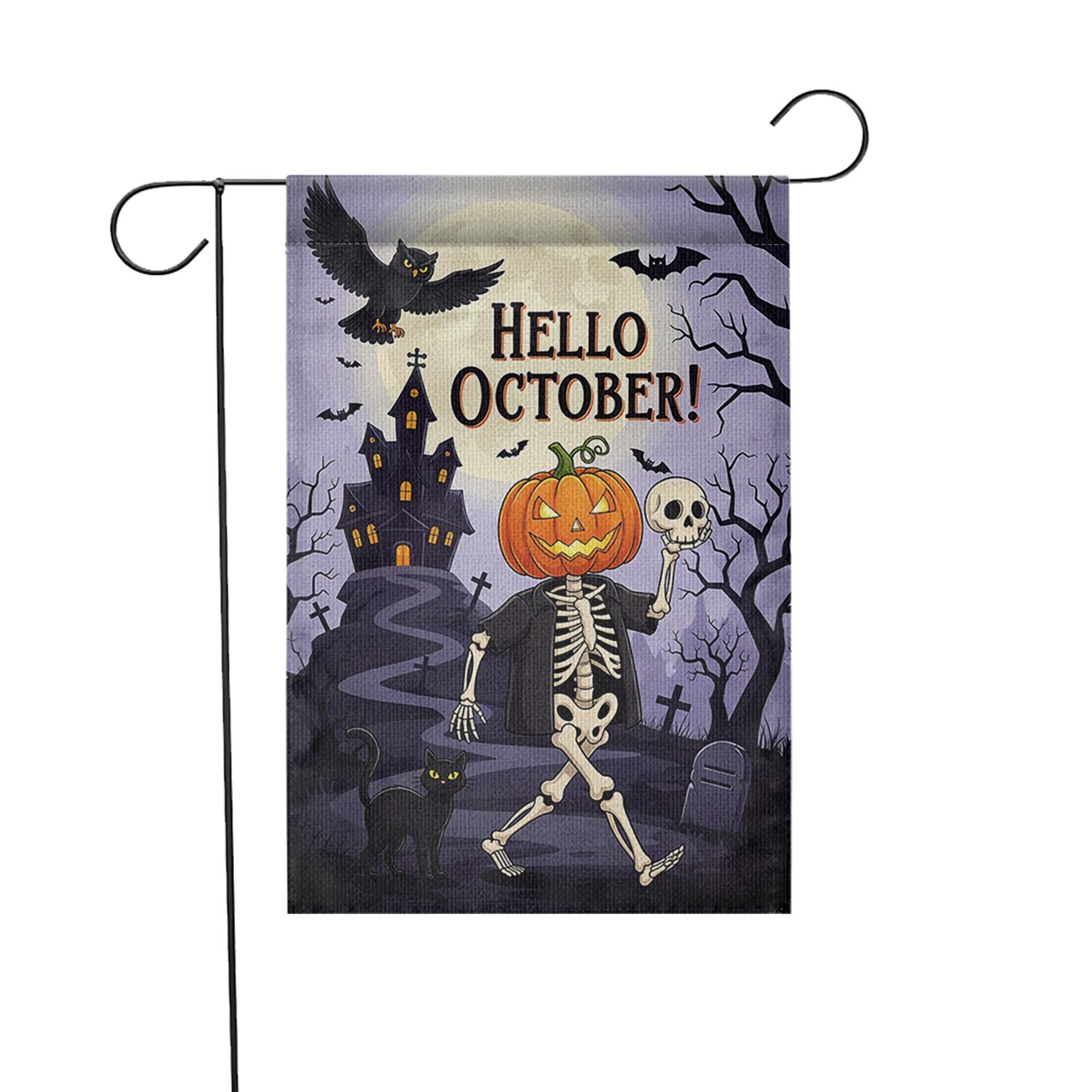 Hello October Garden Flag | Halloween Skeleton & Pumpkin Yard Decor | Spooky Fall Outdoor Sign