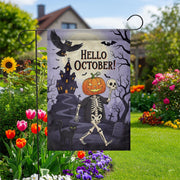 Hello October Garden Flag | Halloween Skeleton & Pumpkin Yard Decor | Spooky Fall Outdoor Sign