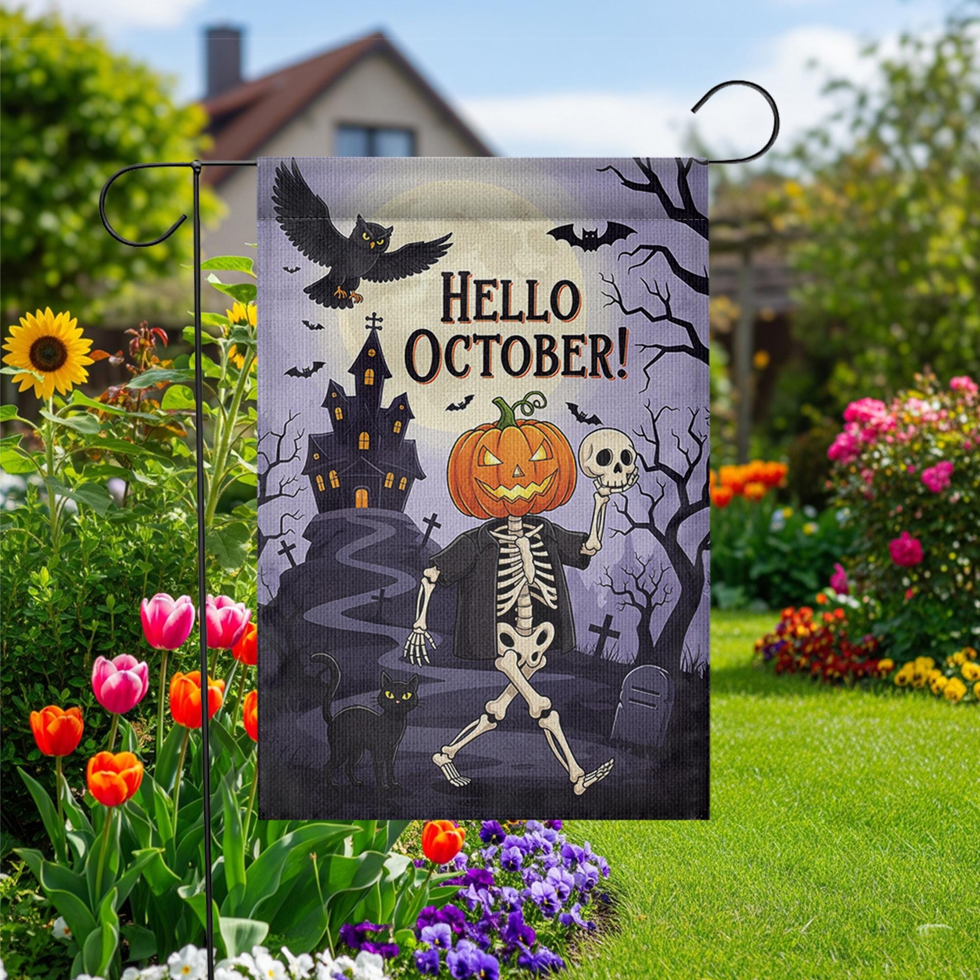 Hello October Garden Flag | Halloween Skeleton & Pumpkin Yard Decor | Spooky Fall Outdoor Sign