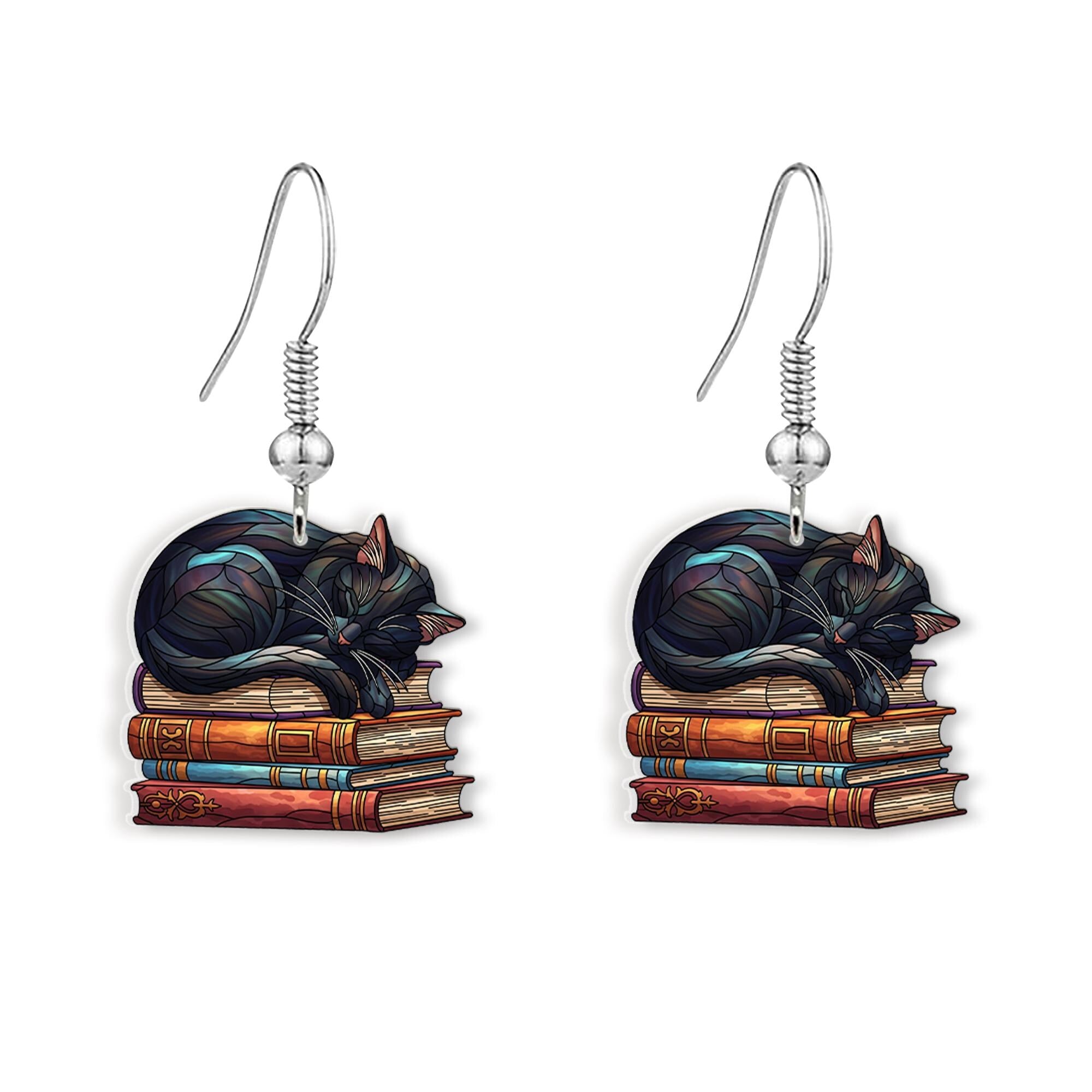 Black Cat on Books Earrings – Cute Reader Gift for Book Lovers – Literary Witchy Jewelry – Cozy Cottagecore Cat Lover Accessory