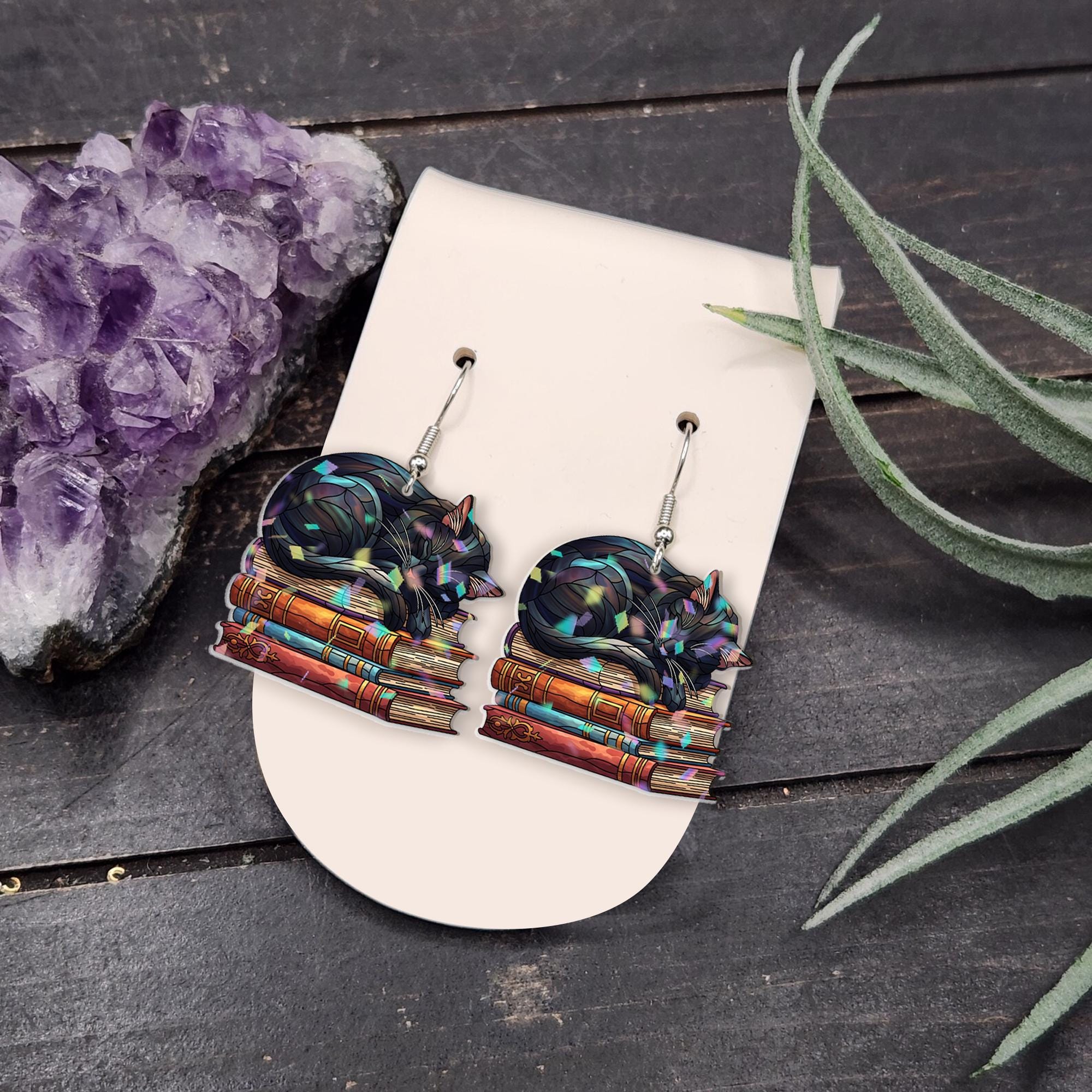 Black Cat on Books Earrings – Cute Reader Gift for Book Lovers – Literary Witchy Jewelry – Cozy Cottagecore Cat Lover Accessory