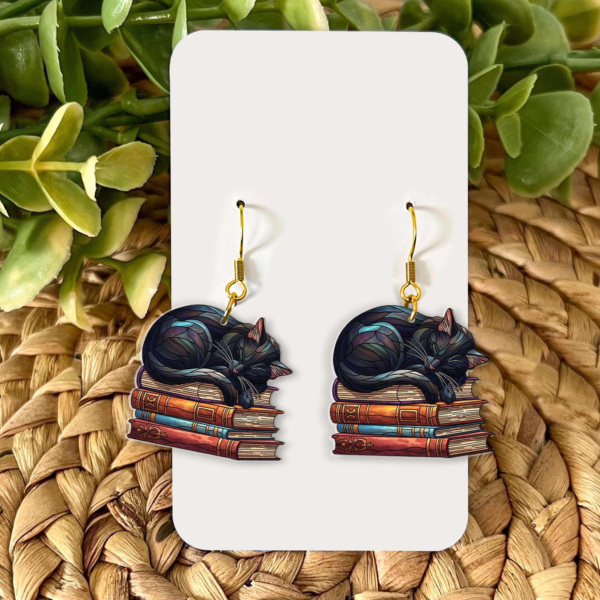 Black Cat on Books Earrings – Cute Reader Gift for Book Lovers – Literary Witchy Jewelry – Cozy Cottagecore Cat Lover Accessory