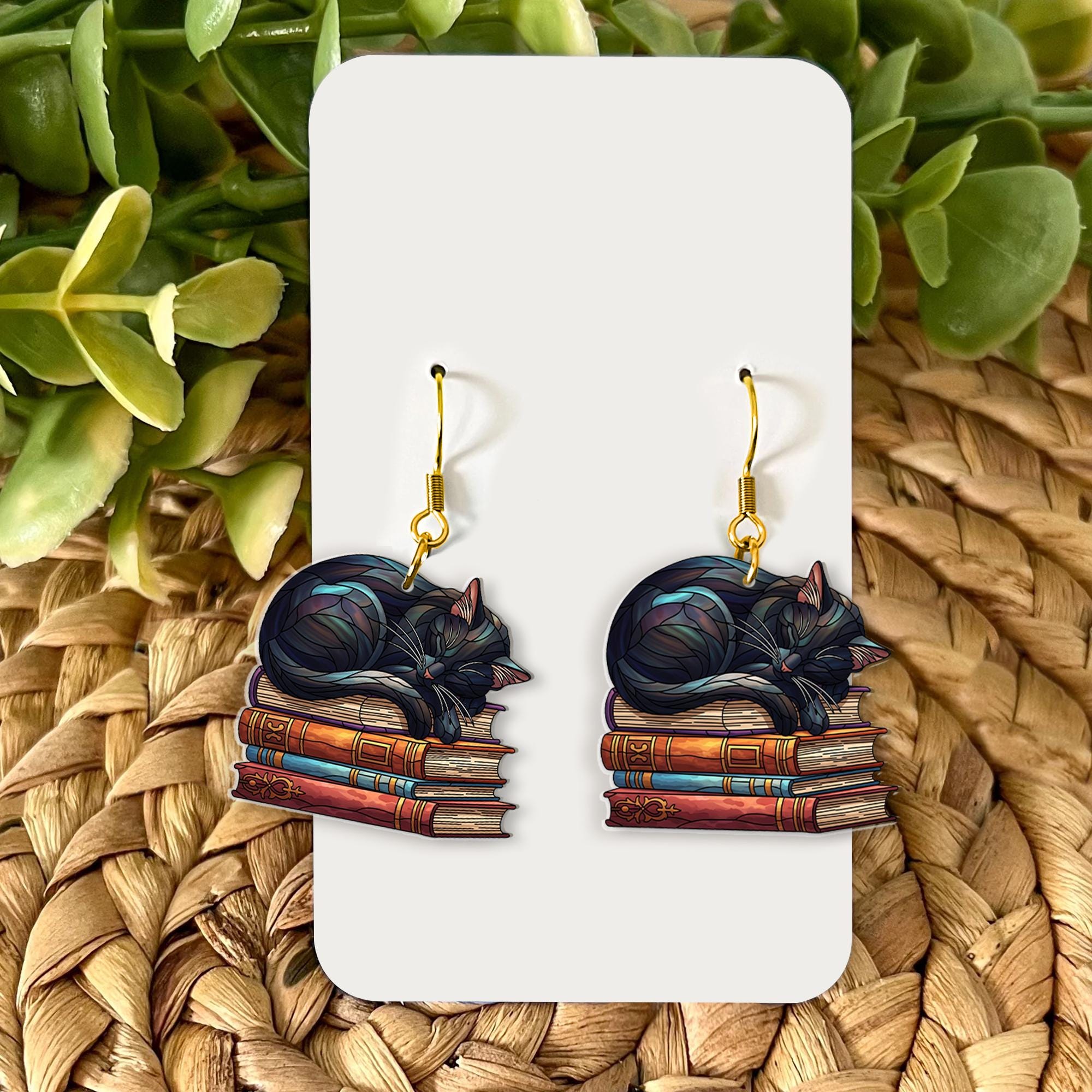 Black Cat on Books Earrings – Cute Reader Gift for Book Lovers – Literary Witchy Jewelry – Cozy Cottagecore Cat Lover Accessory