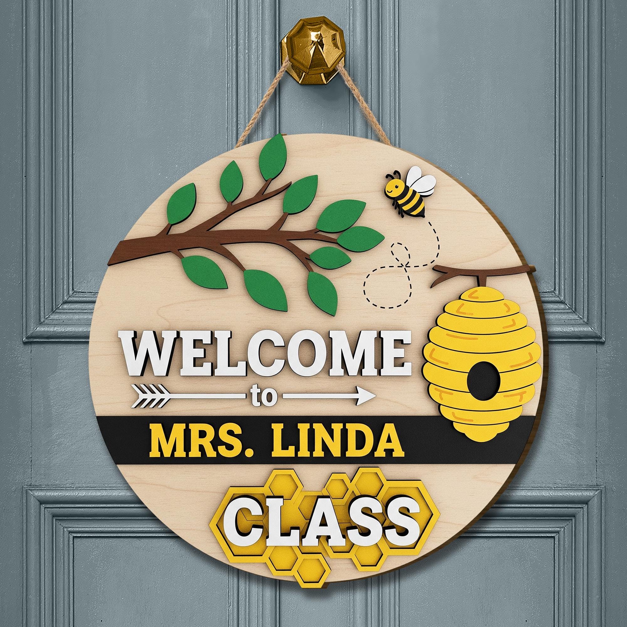Personalized Bee Classroom Door Sign - Welcome to Teachers Class, Honeycomb Theme Teacher Name Sign for School or Preschool, Back To School
