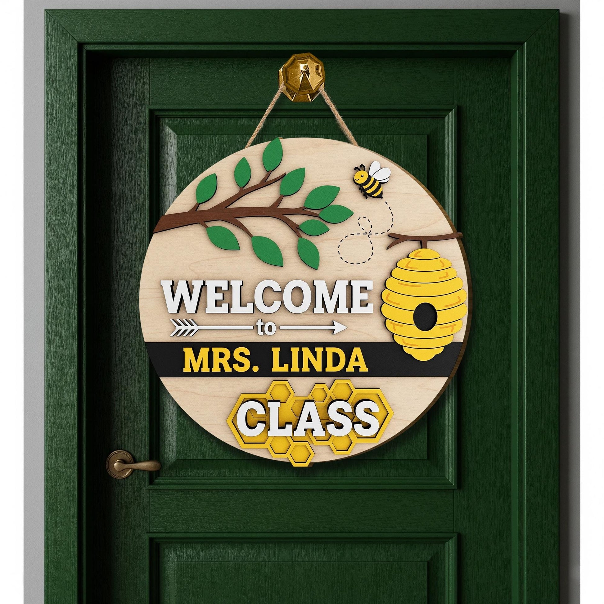 Personalized Bee Classroom Door Sign - Welcome to Teachers Class, Honeycomb Theme Teacher Name Sign for School or Preschool, Back To School