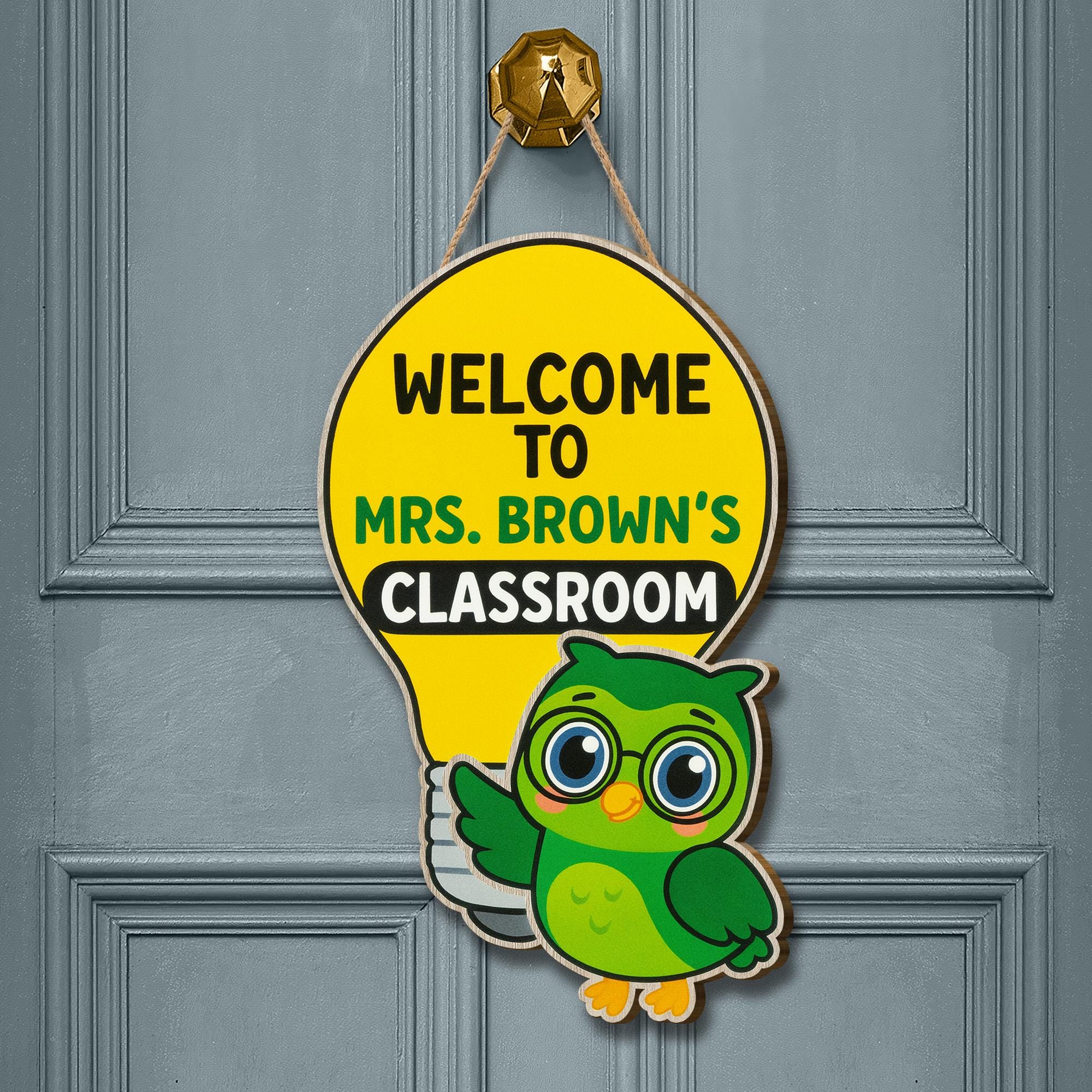 Welcome to Owl Teacher Classroom Sign, Light Bulb Owl Teacher Door Hanger, Cute Personalized School Decor for Teachers, Back To School Decor