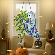 Ghost with Pothos Plant Suncatcher – Holographic Acrylic Spooky Window Decor – Cute Halloween Gift for Plant Lovers & Ghouls Alike