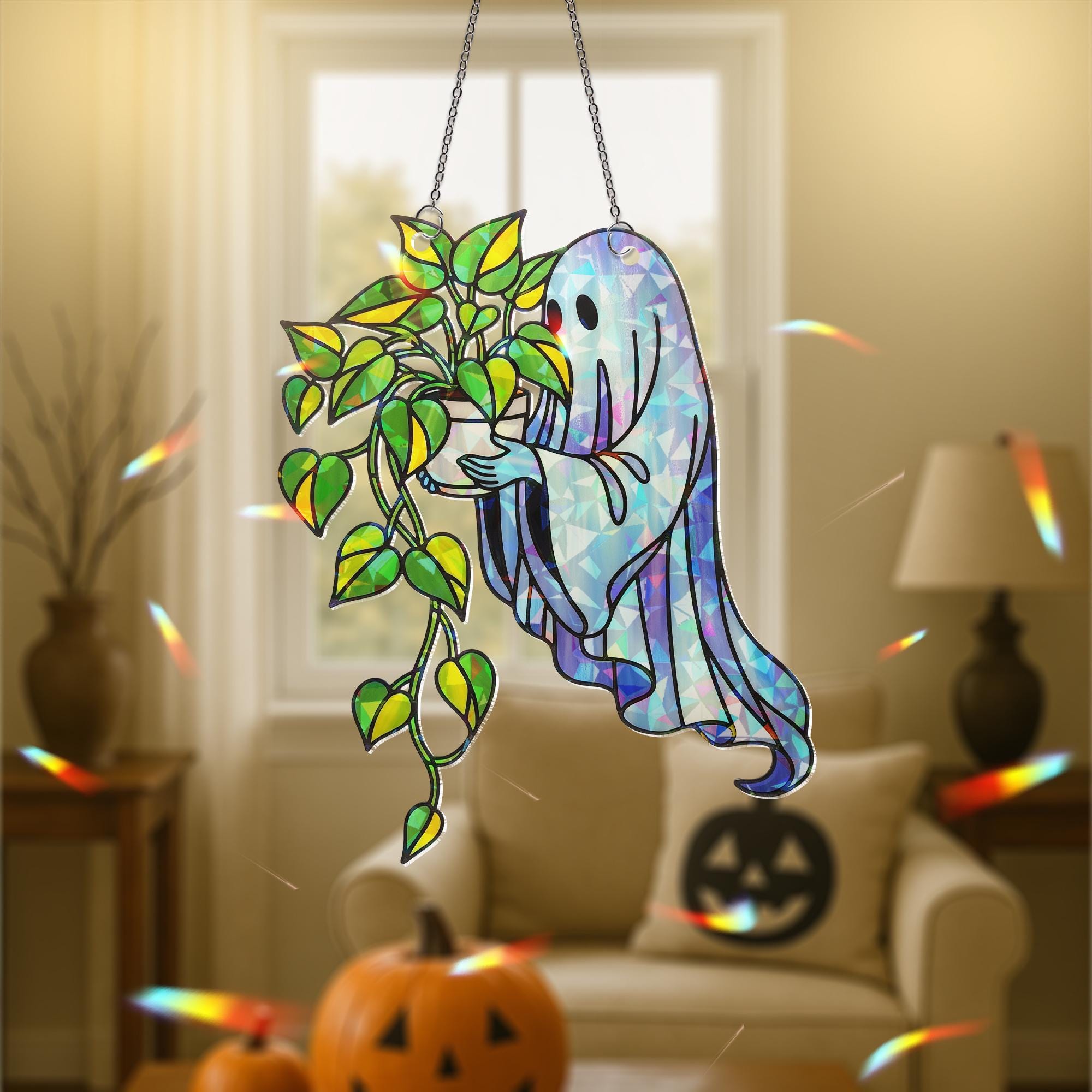 Ghost with Pothos Plant Suncatcher – Holographic Acrylic Spooky Window Decor – Cute Halloween Gift for Plant Lovers & Ghouls Alike