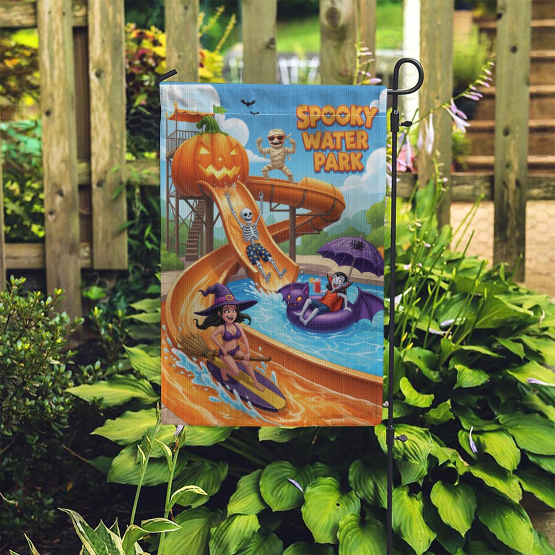 Spooky Water Park Garden Flag | Funny Halloween Outdoor Decor | Unique Monster Yard Art | Summer Fall Flag