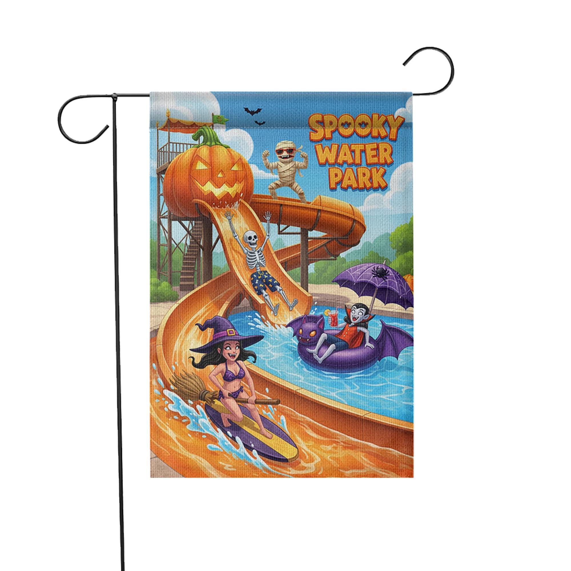 Spooky Water Park Garden Flag | Funny Halloween Outdoor Decor | Unique Monster Yard Art | Summer Fall Flag
