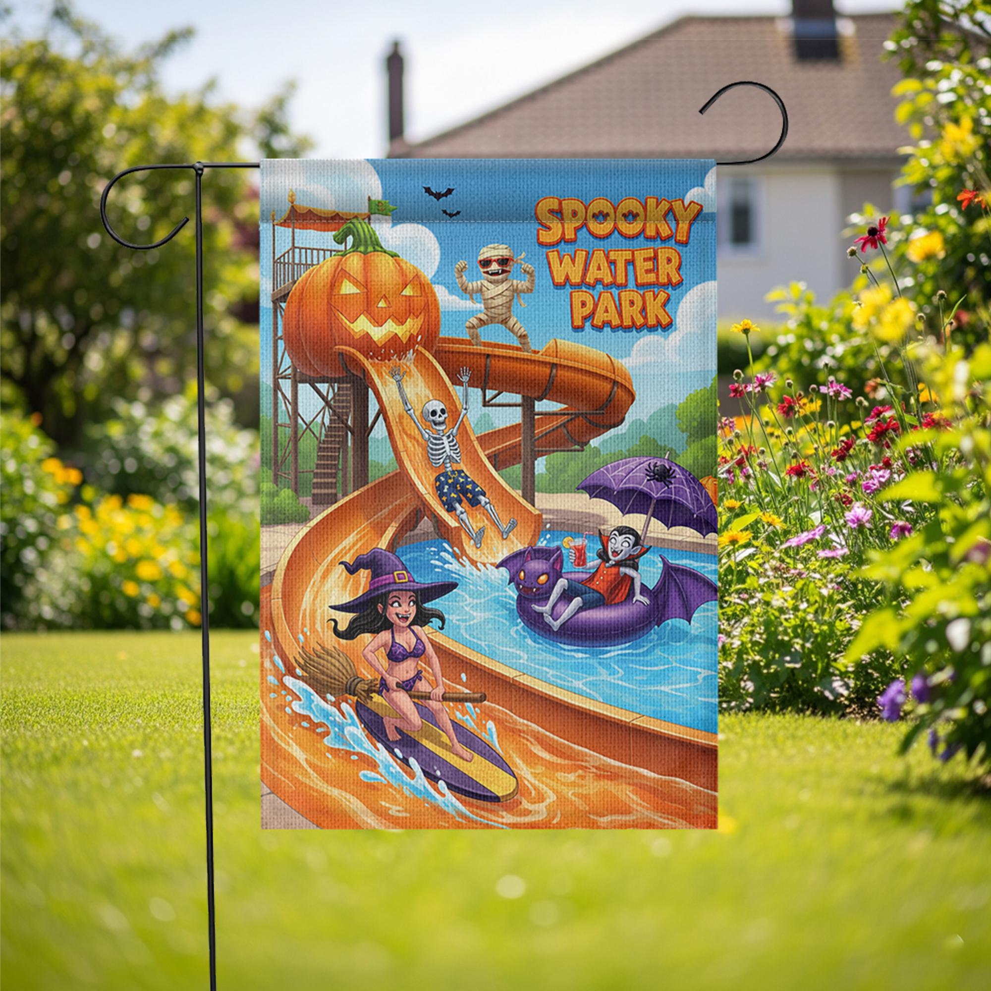 Spooky Water Park Garden Flag | Funny Halloween Outdoor Decor | Unique Monster Yard Art | Summer Fall Flag
