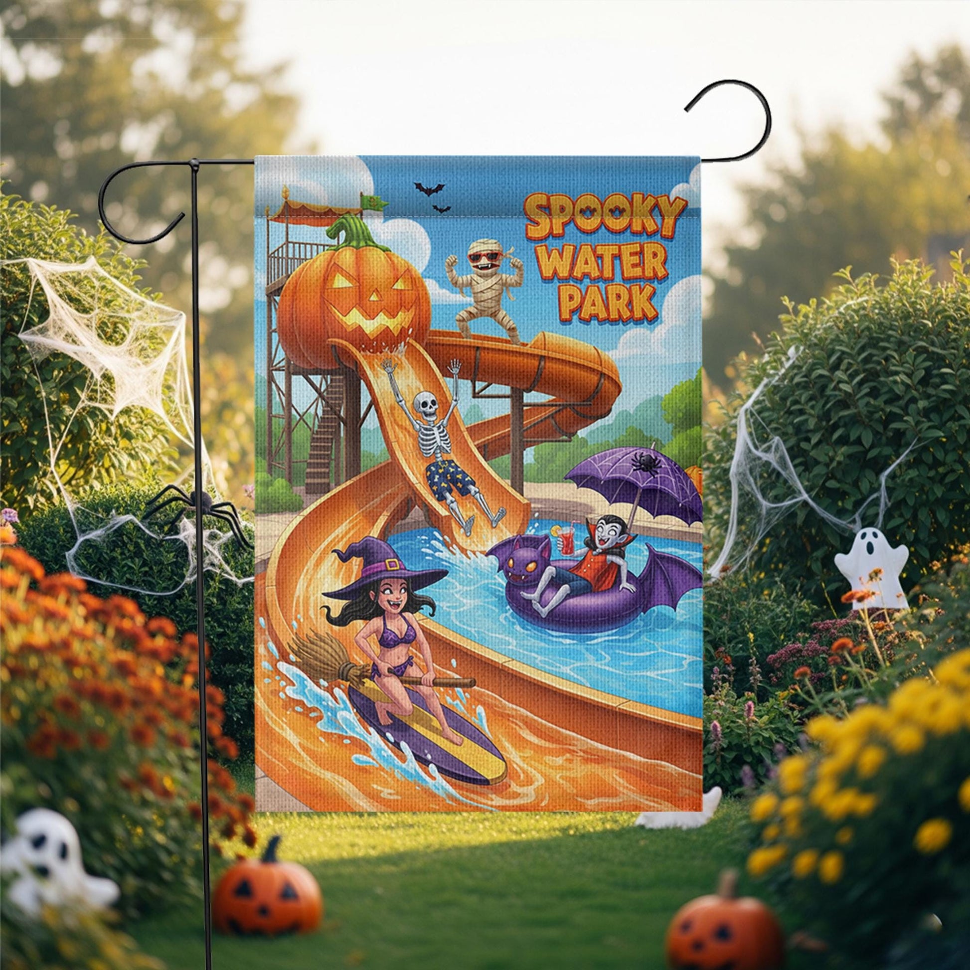 Spooky Water Park Garden Flag | Funny Halloween Outdoor Decor | Unique Monster Yard Art | Summer Fall Flag