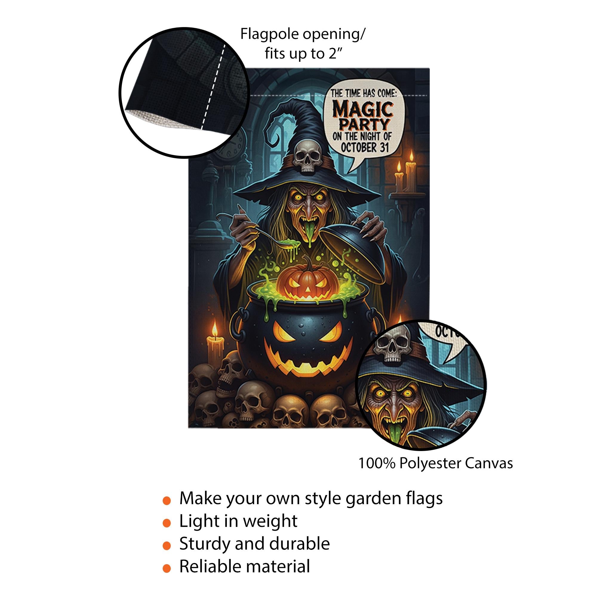 Magic Party Witch Garden Flag | Spooky Halloween Cauldron Yard Decor | October 31st Outdoor Sign
